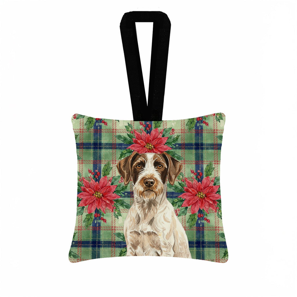 Liver and White German Wirehaired Pointer Christmas PoinsettIas Hanging Square Fabric Ornament 3.5 � 3.5 Decorative Door-Knob & Tree Hanger, Soft Fabric