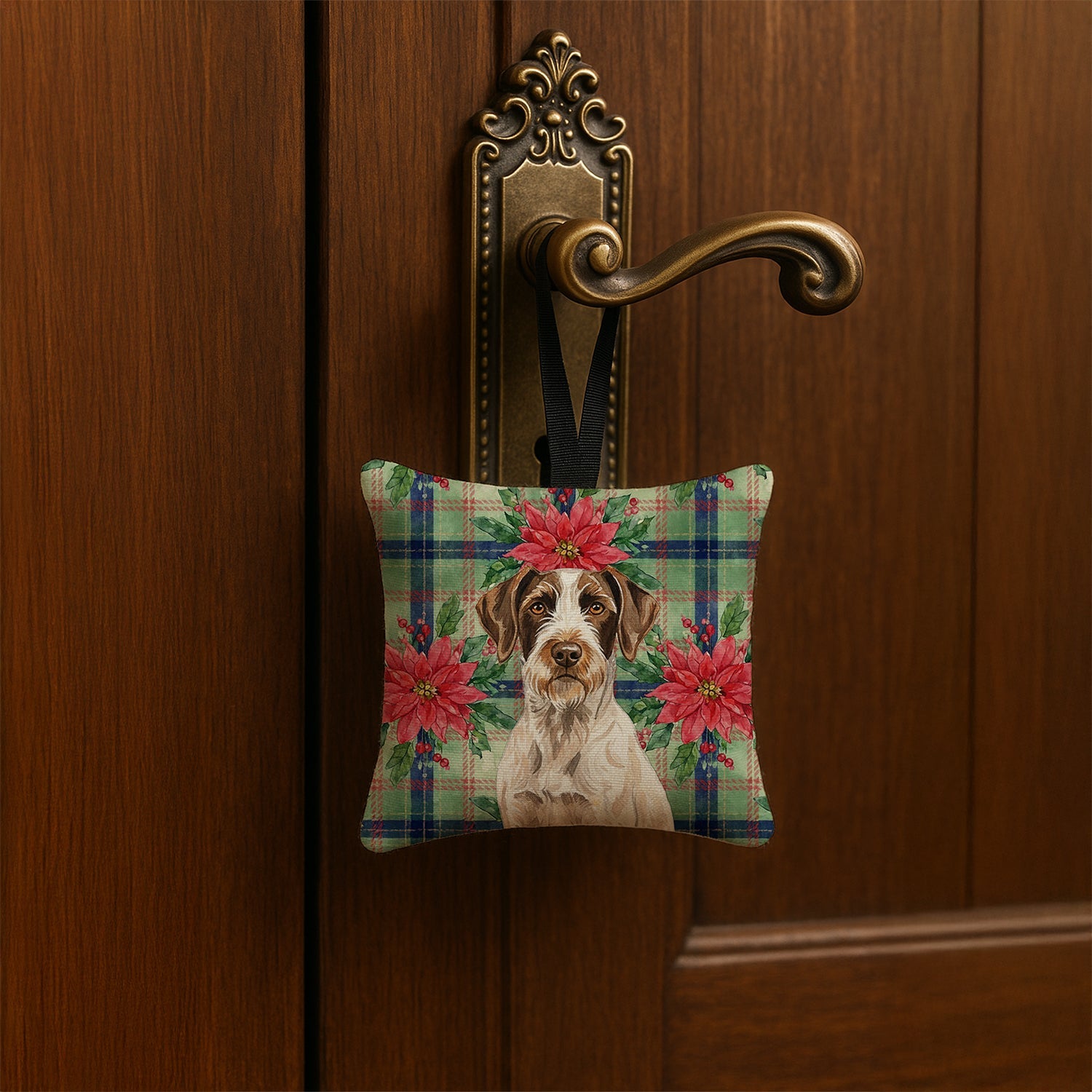 Liver and White German Wirehaired Pointer Christmas PoinsettIas Hanging Square Fabric Ornament 3.5 � 3.5 Decorative Door-Knob & Tree Hanger, Soft Fabric