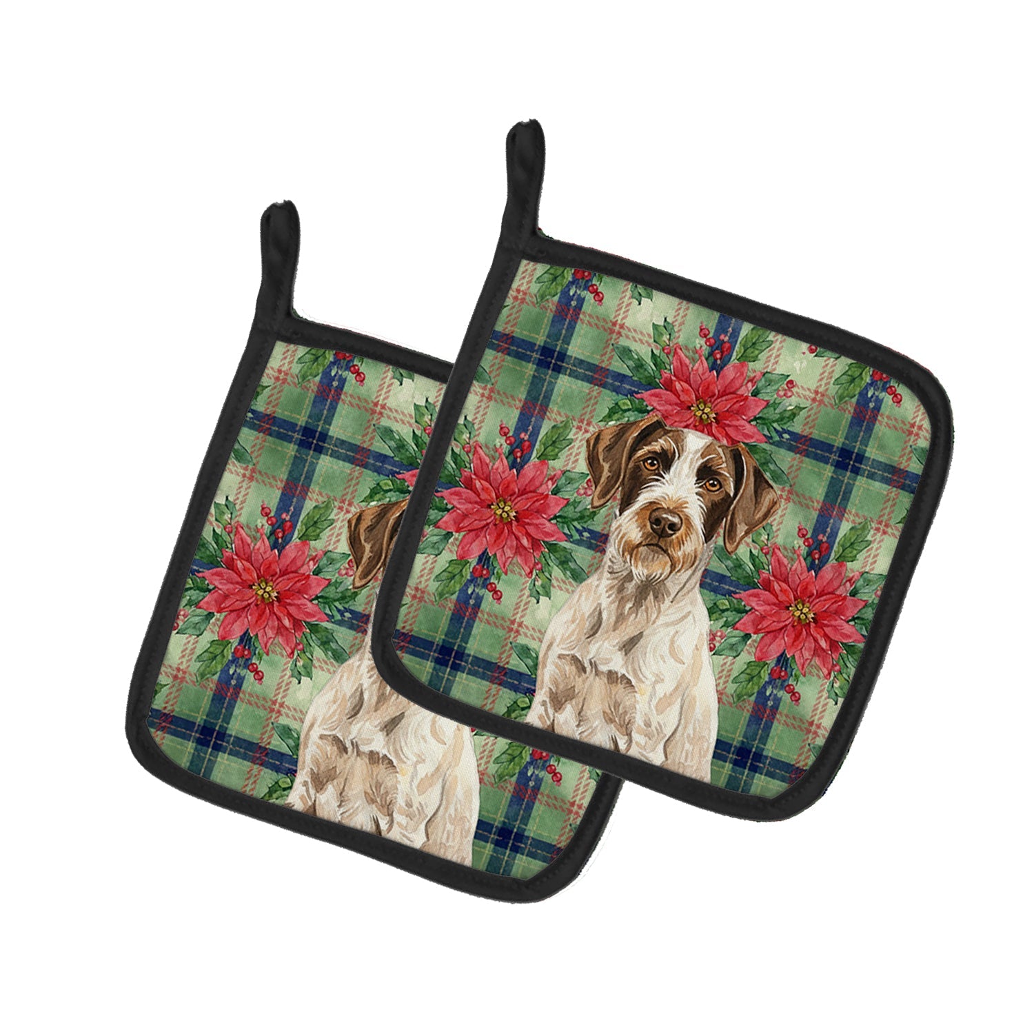 Liver and White German Wirehaired Pointer Christmas PoinsettIas Pot Holder Set of 2 Heat Resistant Quilted Hot Pads 7.5 x 7.5 Inch, Insulated Kitchen Trivets for Cooking & Baking