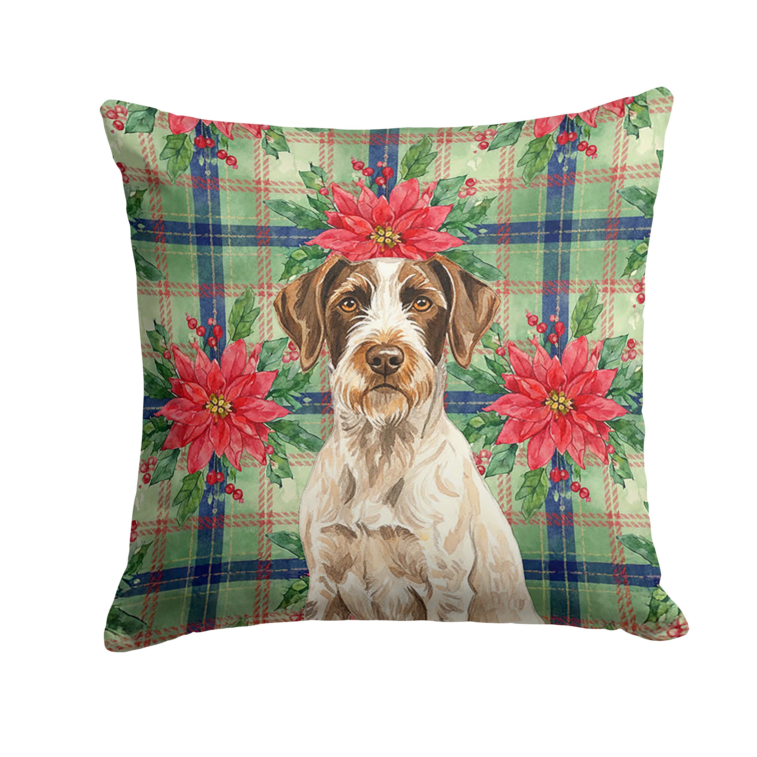Liver and White German Wirehaired Pointer Christmas PoinsettIas Decorative Throw Pillow 14x14 Indoor Outdoor Accent Cushion, Fabric Cover with Insert for Sofa, Bed, Porch & Living Room