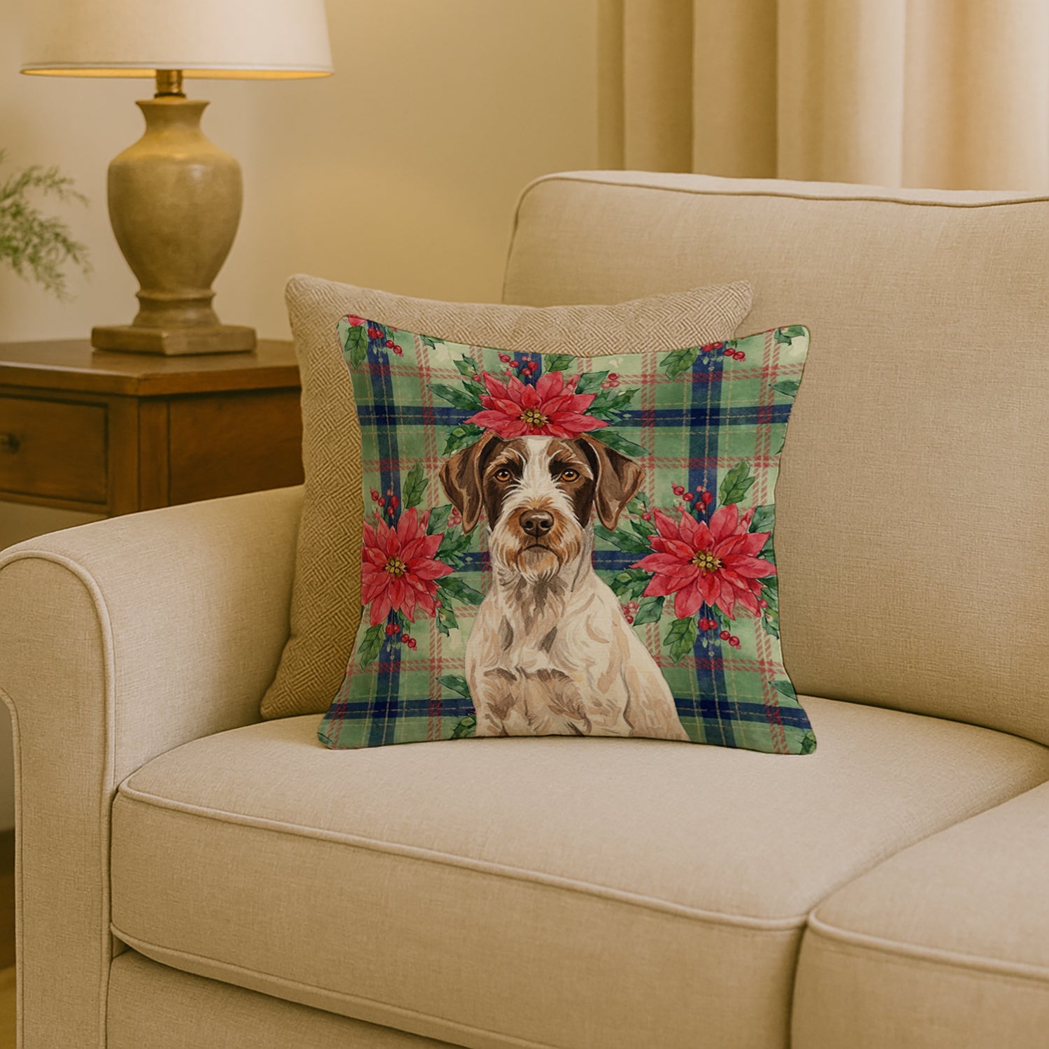 Liver and White German Wirehaired Pointer Christmas PoinsettIas Decorative Throw Pillow 18x18 Indoor Outdoor Accent Cushion, Fabric Cover with Insert for Sofa, Bed, Porch & Living Room