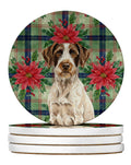 Liver and White German Wirehaired Pointer Christmas PoinsettIas Large Sandstone Coasters Pack of 4 Absorbent Round Coasters Decor Gifts for Men or Women, 4 in, Multicolor