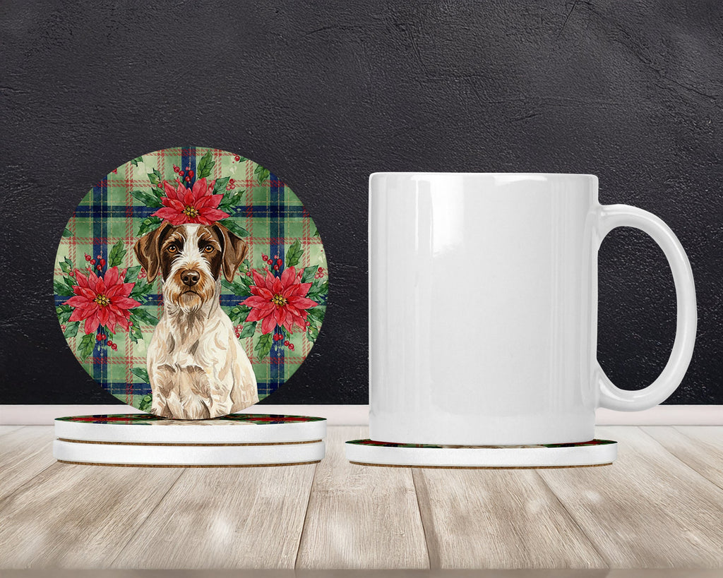 Liver and White German Wirehaired Pointer Christmas PoinsettIas Large Sandstone Coasters Pack of 4 Absorbent Round Coasters Decor Gifts for Men or Women, 4 in, Multicolor