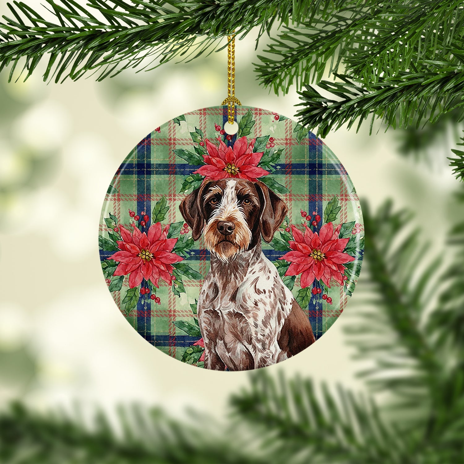 Roan German Wirehaired Pointer Christmas PoinsettIas Ceramic Ornament Christmas Tree Hanging Decorations for Home Christmas Holiday, Party, Gift, 3 in, Multicolor