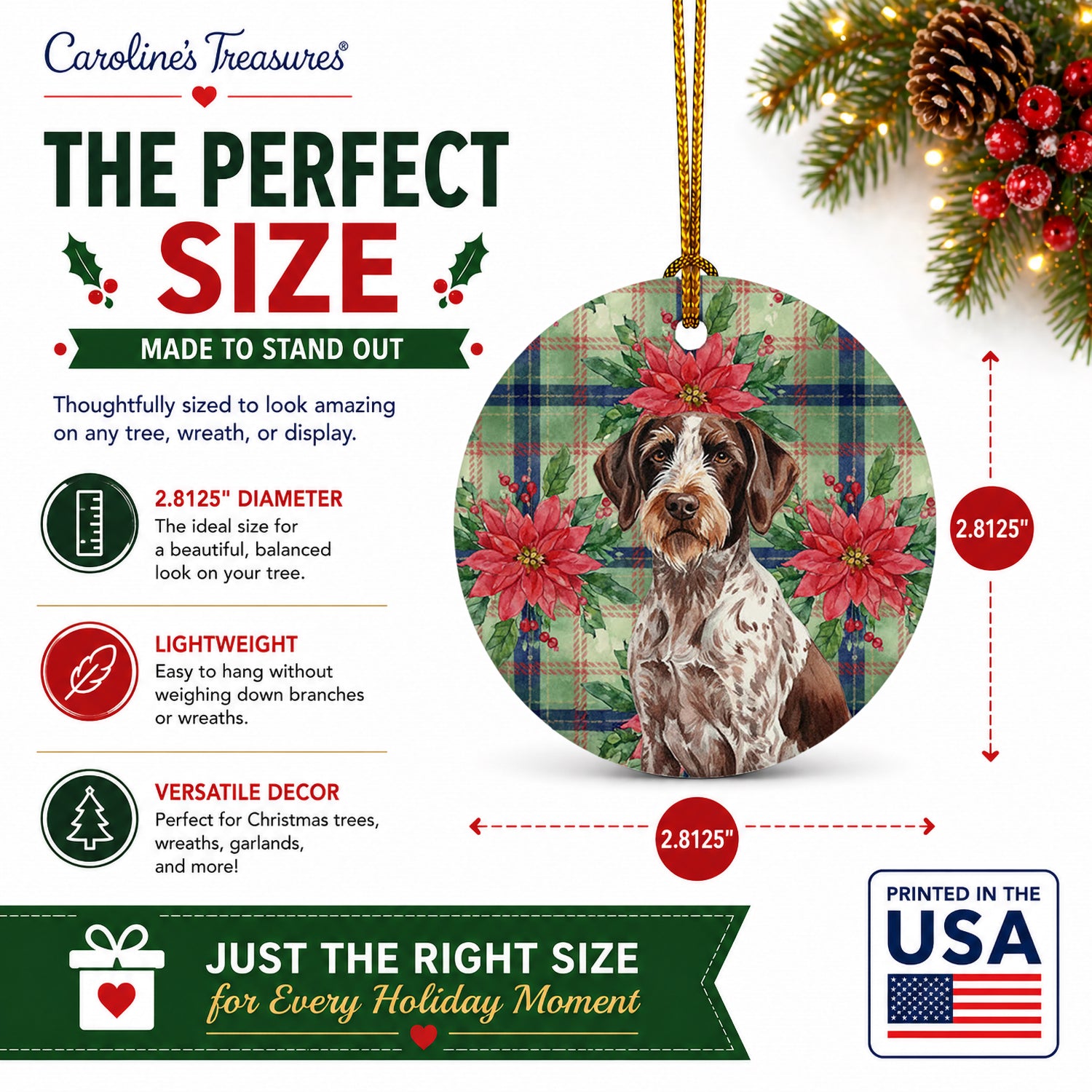 Roan German Wirehaired Pointer Christmas PoinsettIas Ceramic Ornament Christmas Tree Hanging Decorations for Home Christmas Holiday, Party, Gift, 3 in, Multicolor
