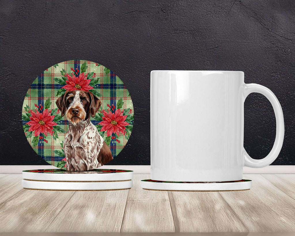 Roan German Wirehaired Pointer Christmas PoinsettIas Large Sandstone Coasters Pack of 4 Absorbent Round Coasters Decor Gifts for Men or Women, 4 in, Multicolor