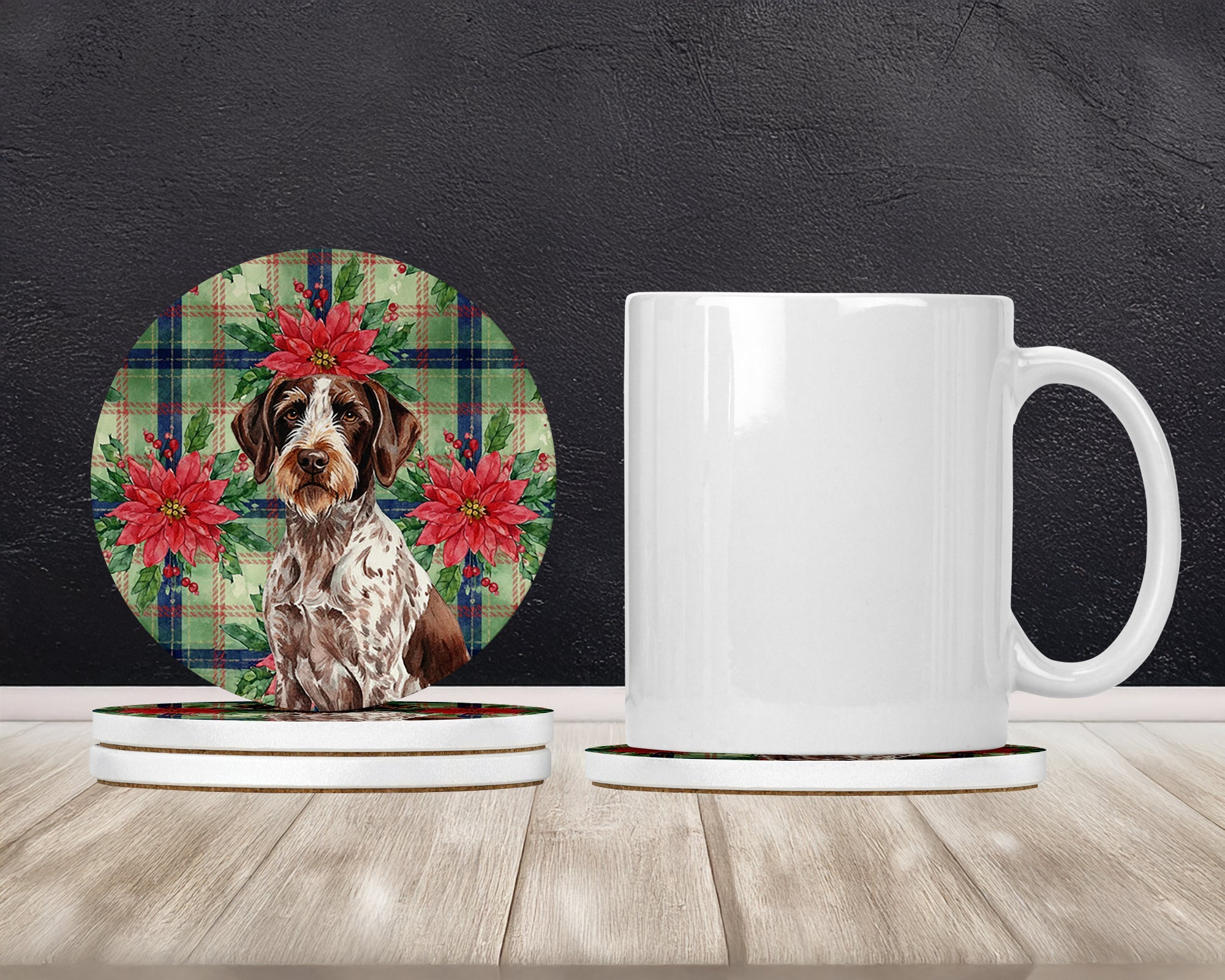 Roan German Wirehaired Pointer Christmas PoinsettIas Large Sandstone Coasters Pack of 4 Absorbent Round Coasters Decor Gifts for Men or Women, 4 in, Multicolor