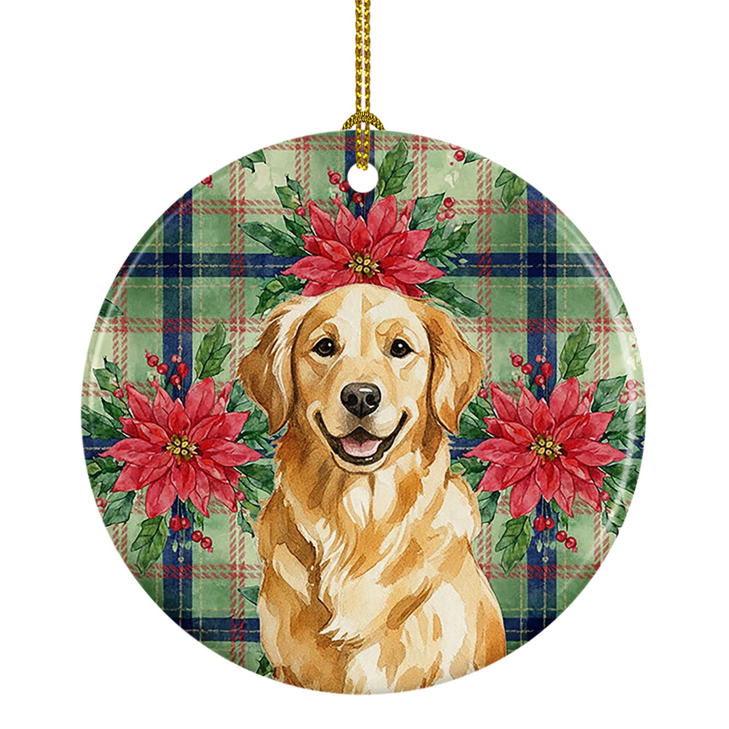 Golden Retriever Christmas PoinsettIas Ceramic Ornament Christmas Tree Hanging Decorations for Home Christmas Holiday, Party, Gift, 3 in, Multicolor