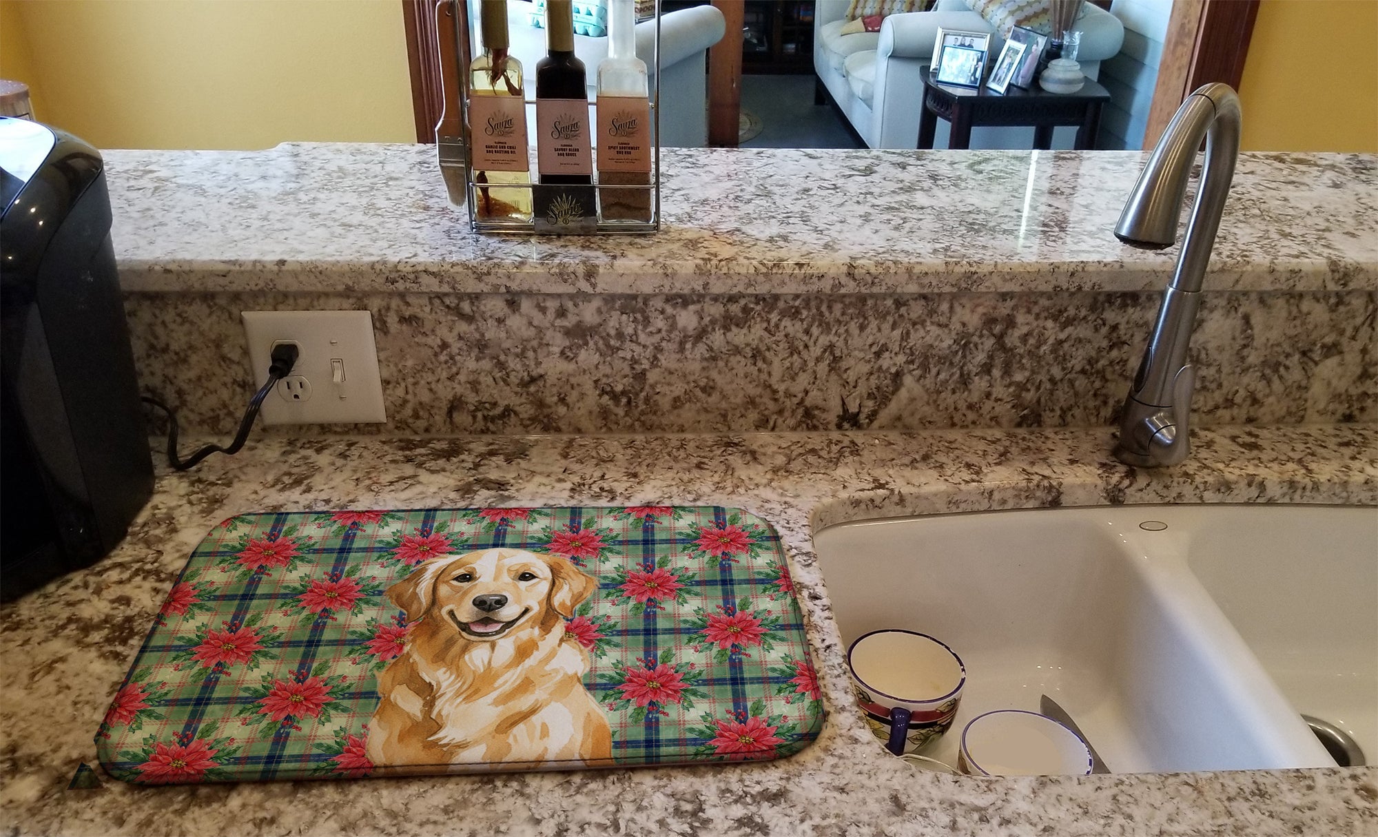 Golden Retriever Christmas PoinsettIas Dish Drying Mat Absorbent Dish Drying Mat Pad for Kitchen Counter Dish Drainer Mat for Countertop, 14 x 21", Multicolor