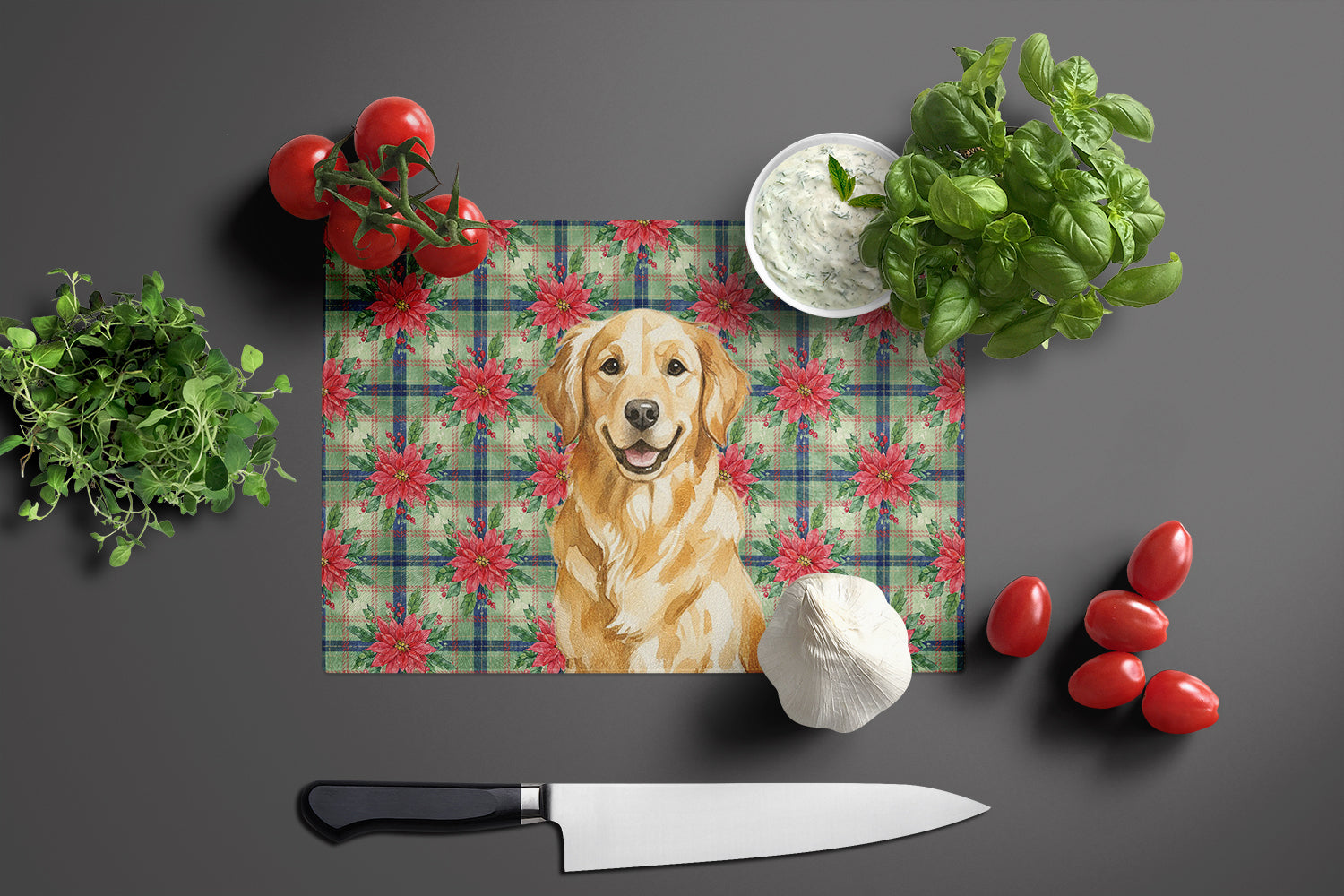 Golden Retriever Christmas PoinsettIas Cutting Board Tempered Glass Kitchen Cutting Surface, Heat Resistant Chopping, Non-Slip Feet, Food Prep & Serving