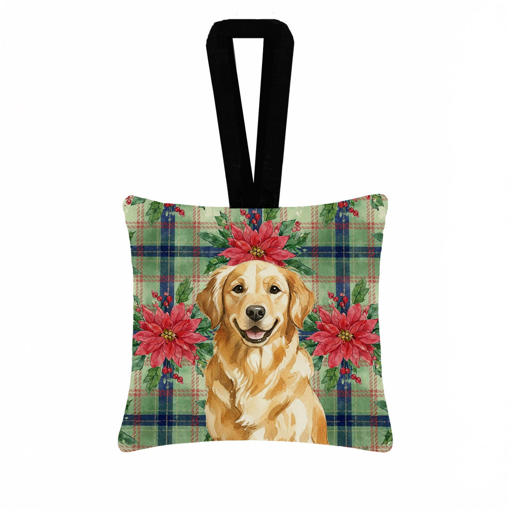 Golden Retriever Christmas PoinsettIas Hanging Square Fabric Ornament 3.5 � 3.5 Decorative Door-Knob & Tree Hanger, Soft Fabric
