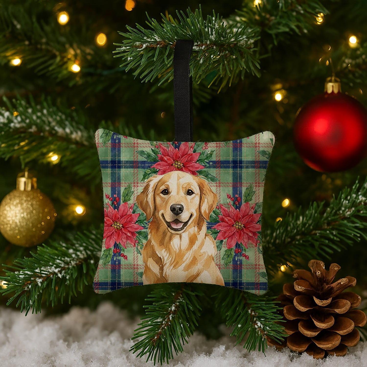 Golden Retriever Christmas PoinsettIas Hanging Square Fabric Ornament 3.5 � 3.5 Decorative Door-Knob & Tree Hanger, Soft Fabric