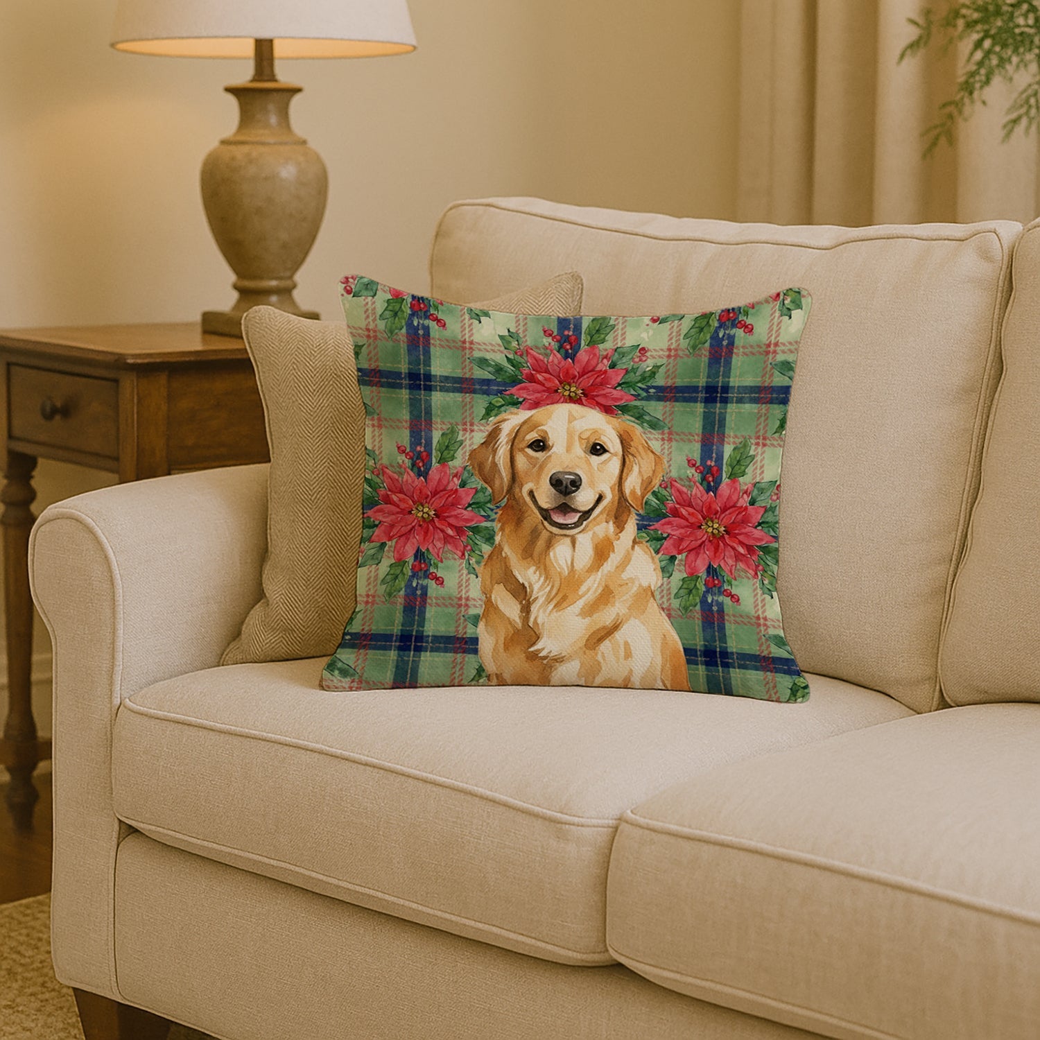 Golden Retriever Christmas PoinsettIas Decorative Throw Pillow 14x14 Indoor Outdoor Accent Cushion, Fabric Cover with Insert for Sofa, Bed, Porch & Living Room