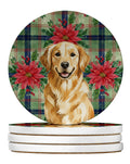 Golden Retriever Christmas PoinsettIas Large Sandstone Coasters Pack of 4 Absorbent Round Coasters Decor Gifts for Men or Women, 4 in, Multicolor