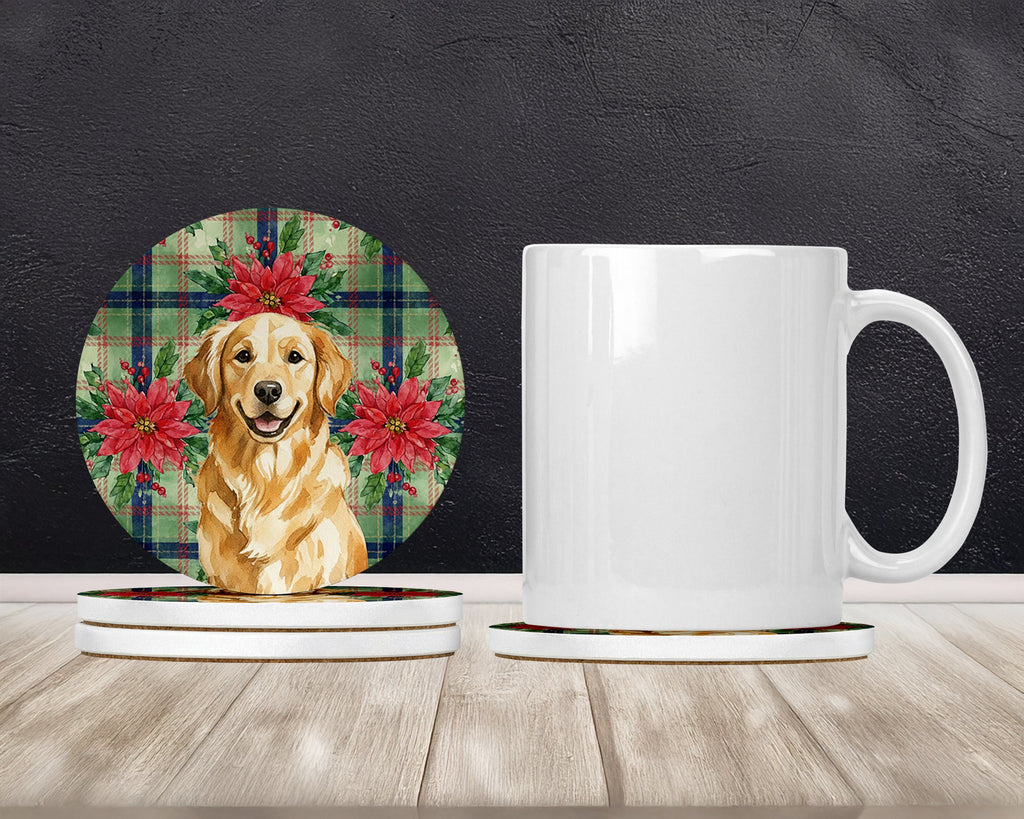 Golden Retriever Christmas PoinsettIas Large Sandstone Coasters Pack of 4 Absorbent Round Coasters Decor Gifts for Men or Women, 4 in, Multicolor