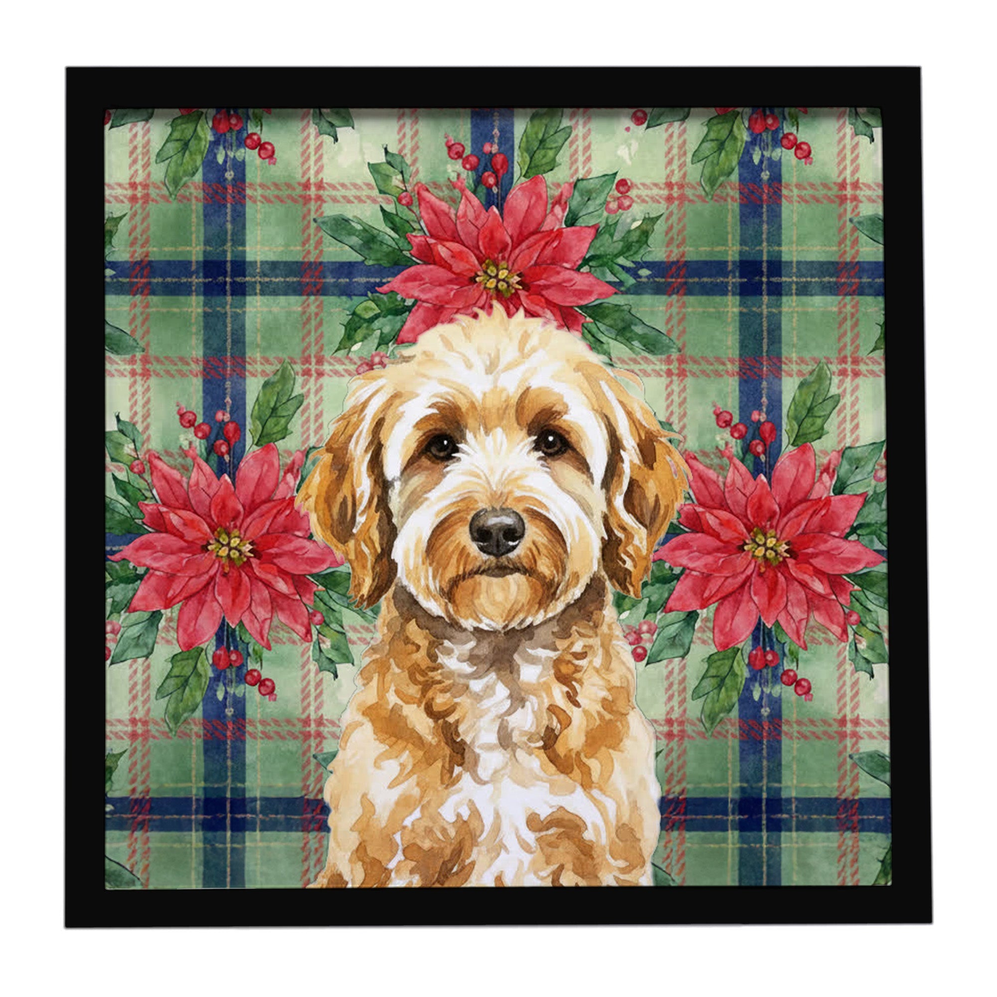 Goldendoodle Christmas PoinsettIas Framed Metal Print Bathroom, Kitchen, Office, Home Decor Wall Art Ready to Hang, Square, 8X8