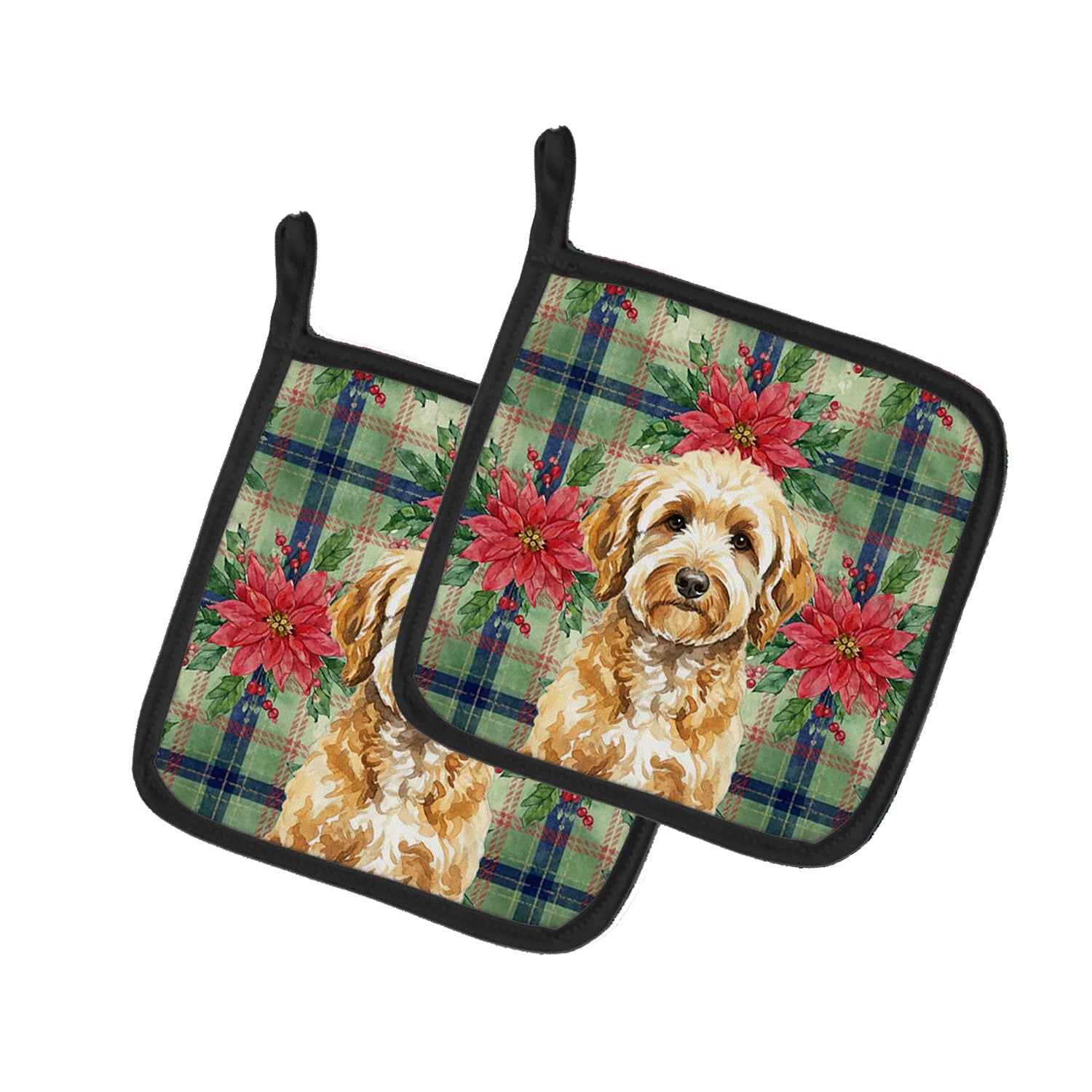 Goldendoodle Christmas PoinsettIas Pot Holder Set of 2 Heat Resistant Quilted Hot Pads 7.5 x 7.5 Inch, Insulated Kitchen Trivets for Cooking & Baking