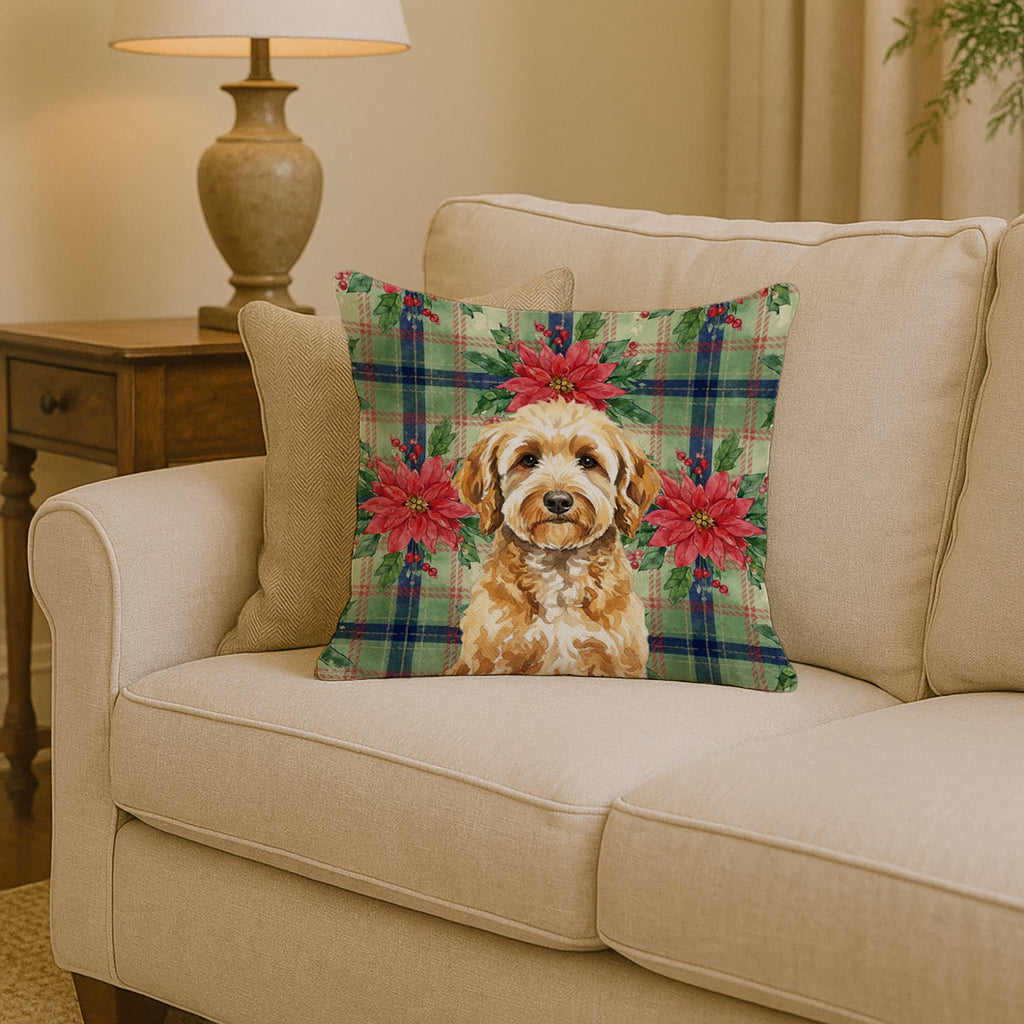 Goldendoodle Christmas PoinsettIas Decorative Throw Pillow 14x14 Indoor Outdoor Accent Cushion, Fabric Cover with Insert for Sofa, Bed, Porch & Living Room