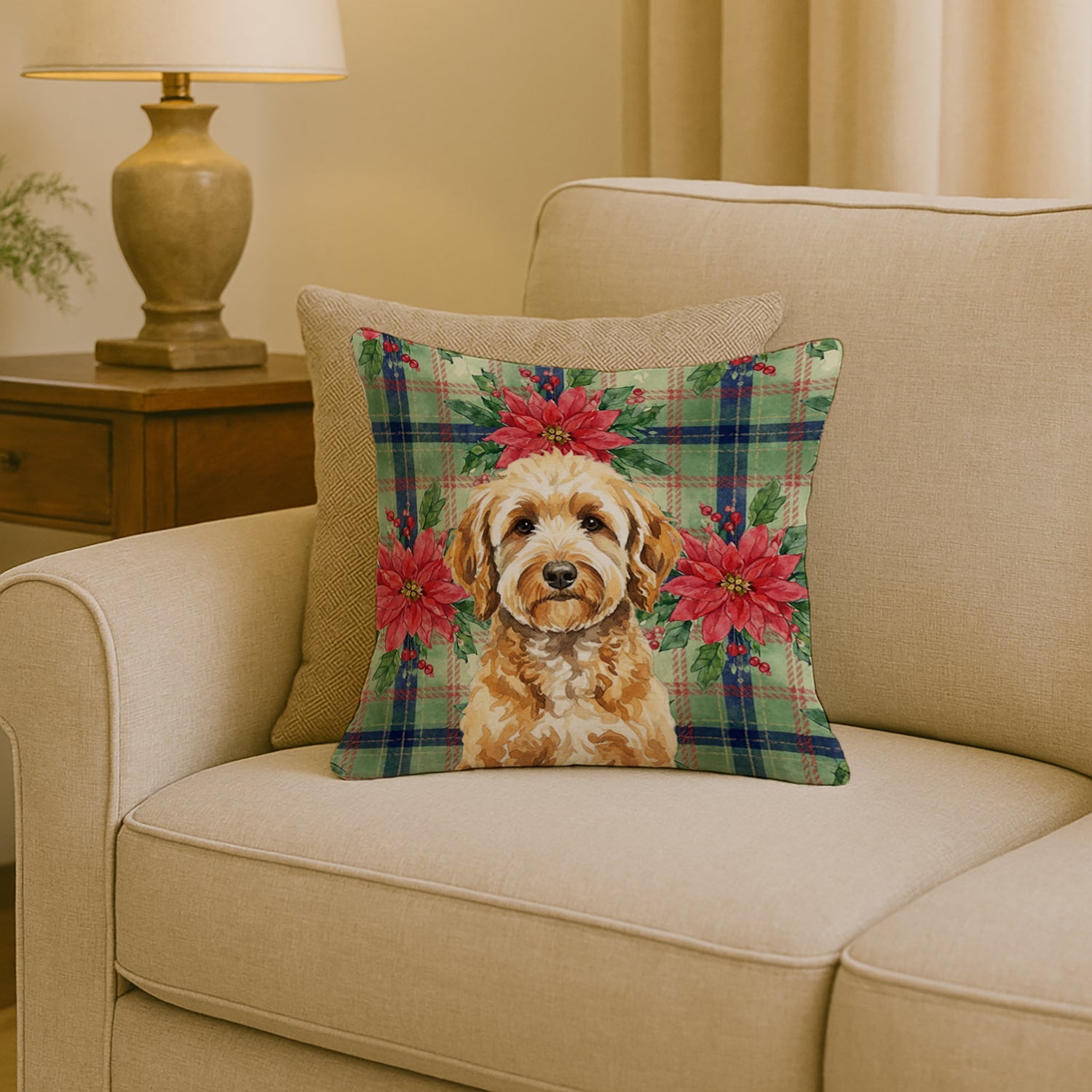 Goldendoodle Christmas PoinsettIas Decorative Throw Pillow 18x18 Indoor Outdoor Accent Cushion, Fabric Cover with Insert for Sofa, Bed, Porch & Living Room