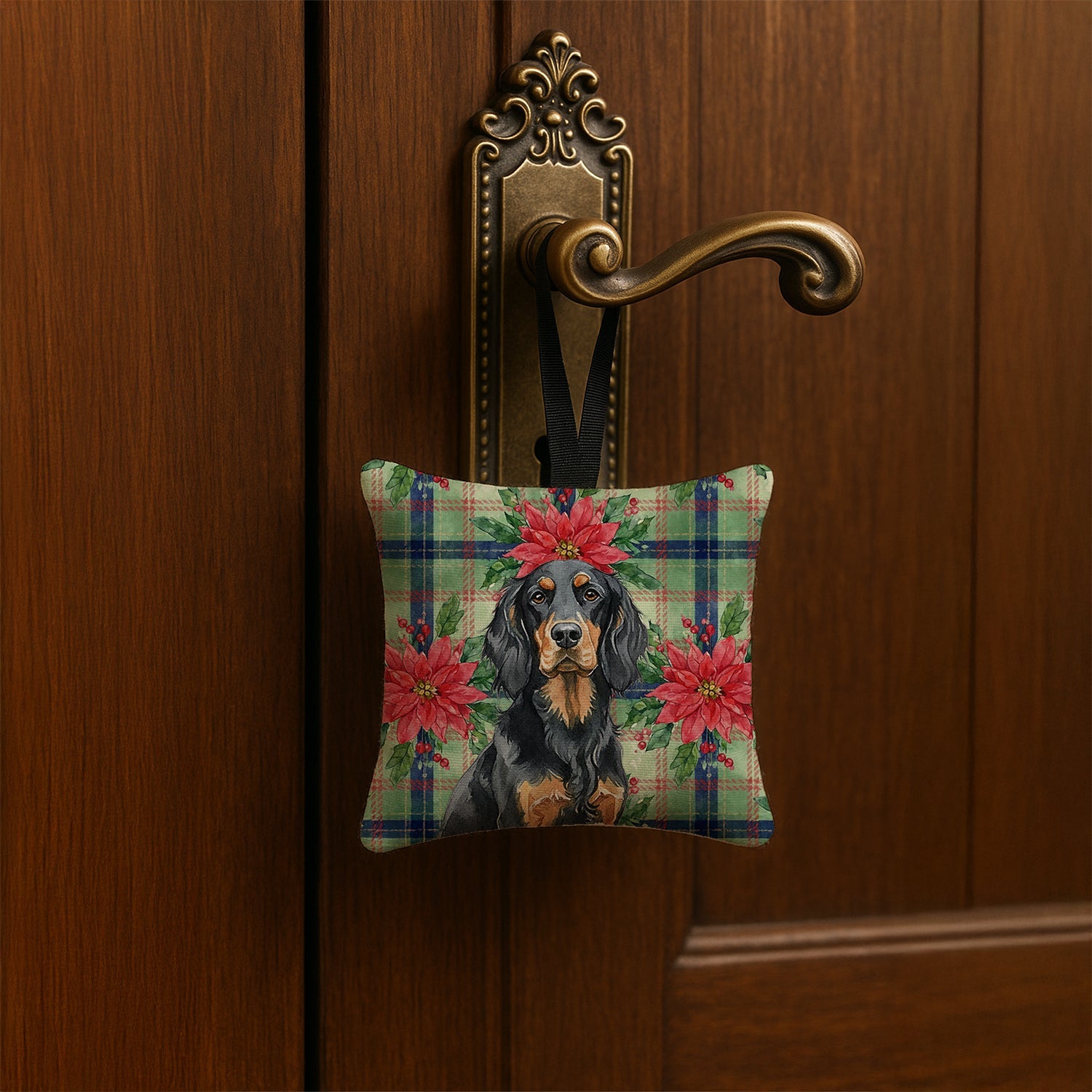 Gordon Setter Christmas PoinsettIas Hanging Square Fabric Ornament 3.5 � 3.5 Decorative Door-Knob & Tree Hanger, Soft Fabric