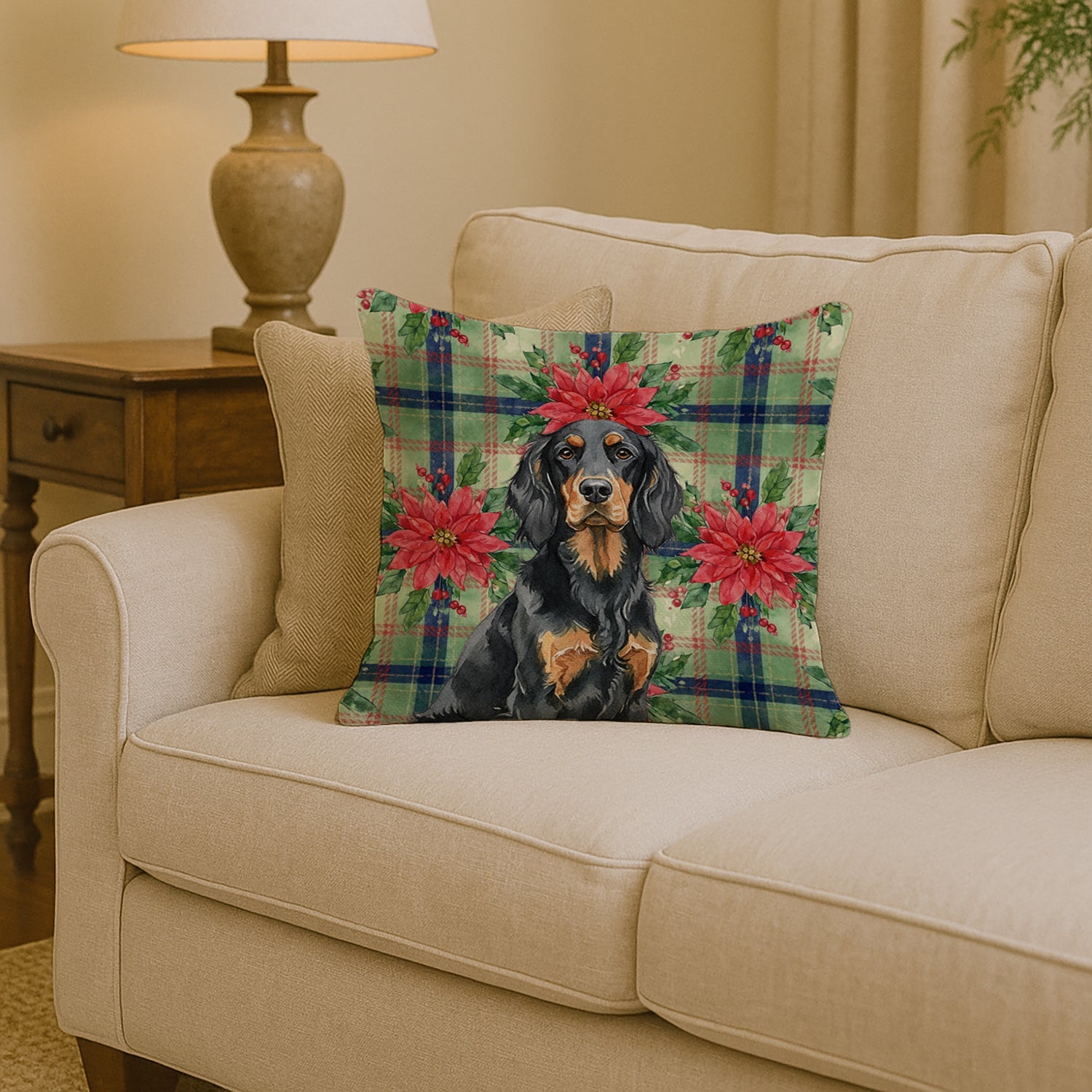 Gordon Setter Christmas PoinsettIas Decorative Throw Pillow 14x14 Indoor Outdoor Accent Cushion, Fabric Cover with Insert for Sofa, Bed, Porch & Living Room