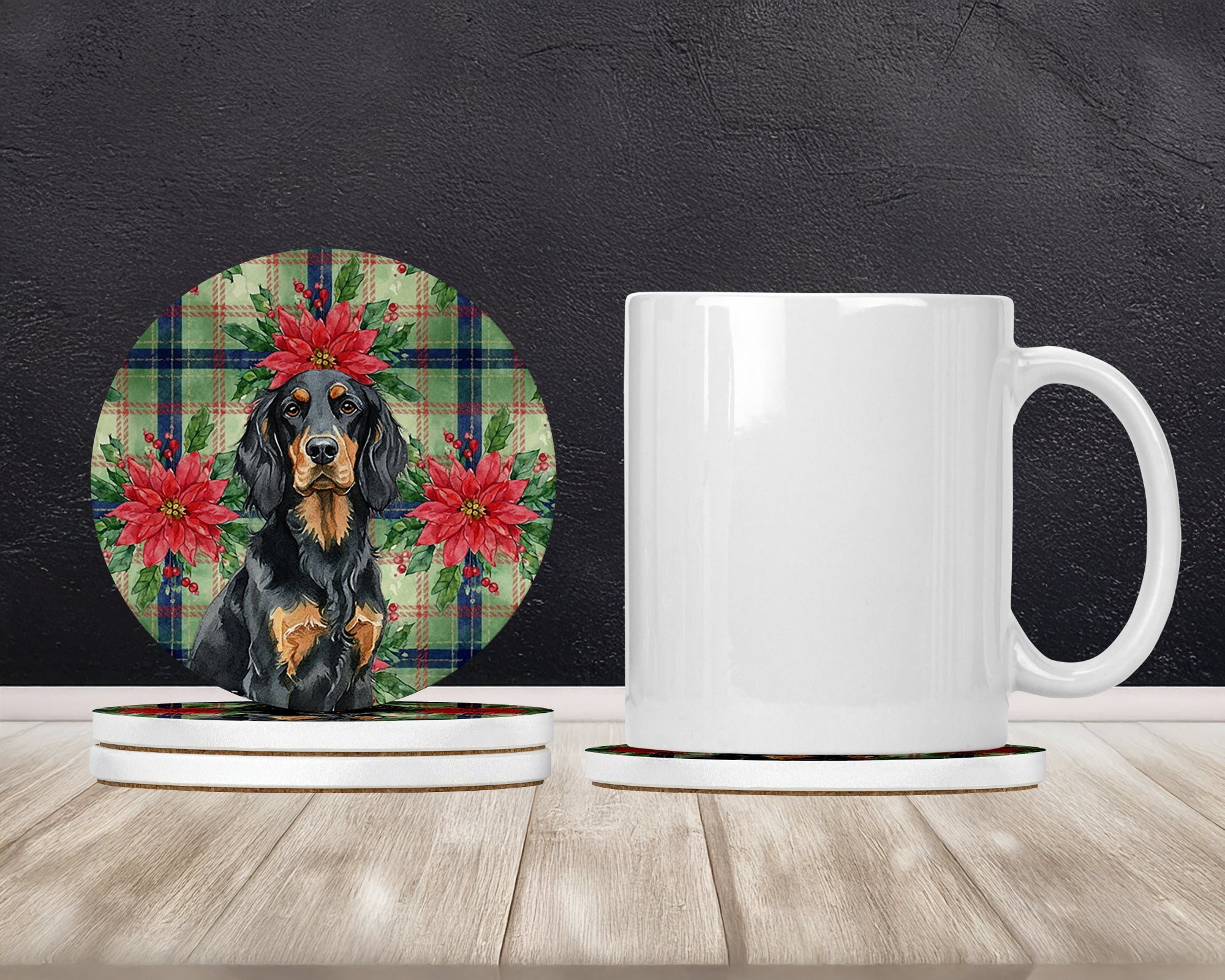 Gordon Setter Christmas PoinsettIas Large Sandstone Coasters Pack of 4 Absorbent Round Coasters Decor Gifts for Men or Women, 4 in, Multicolor