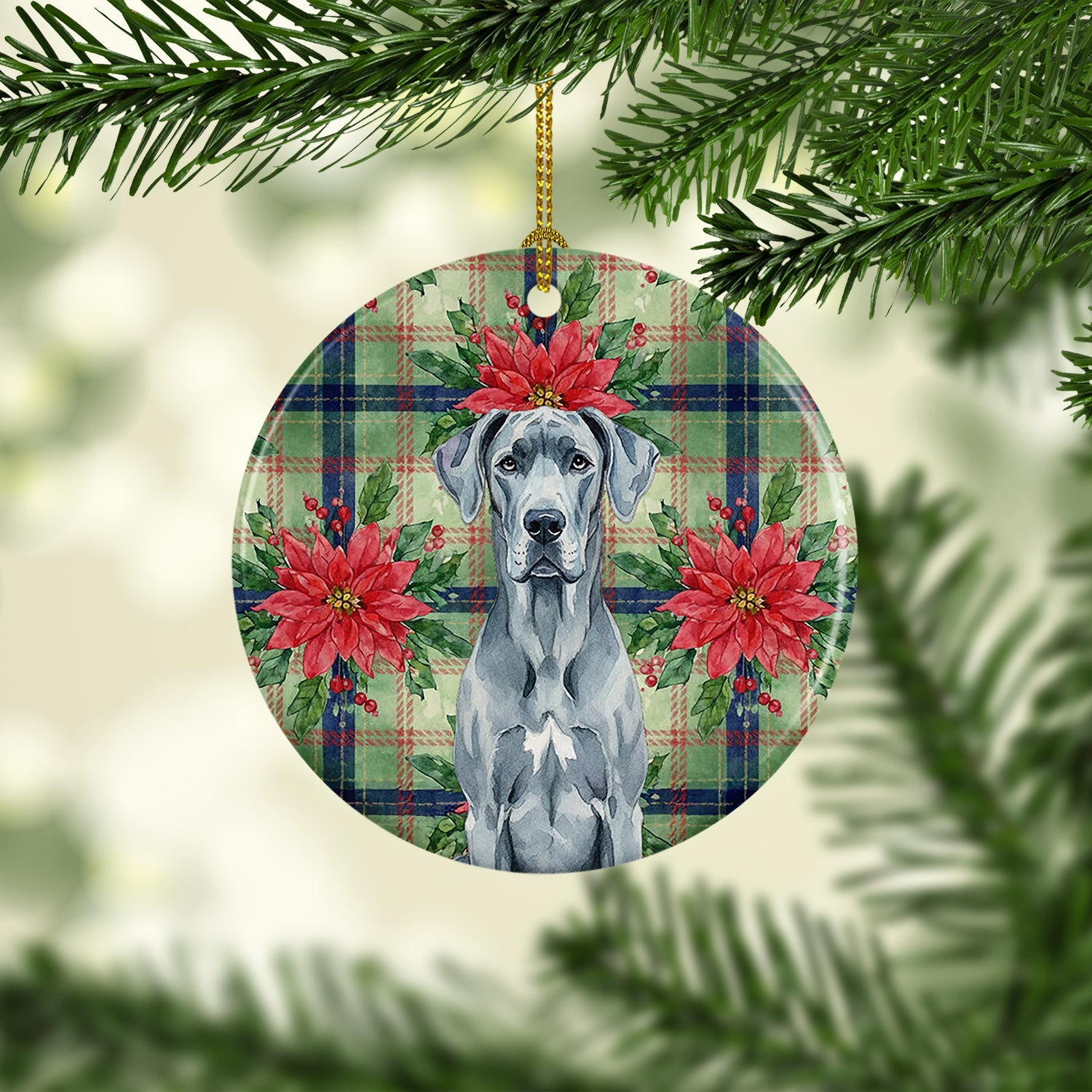 Blue Great Dane Christmas PoinsettIas Ceramic Ornament Christmas Tree Hanging Decorations for Home Christmas Holiday, Party, Gift, 3 in, Multicolor