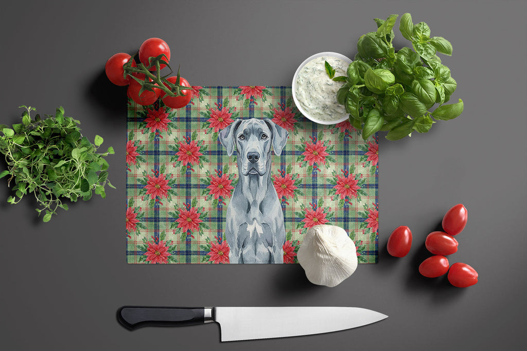 Blue Great Dane Christmas PoinsettIas Cutting Board Tempered Glass Kitchen Cutting Surface, Heat Resistant Chopping, Non-Slip Feet, Food Prep & Serving