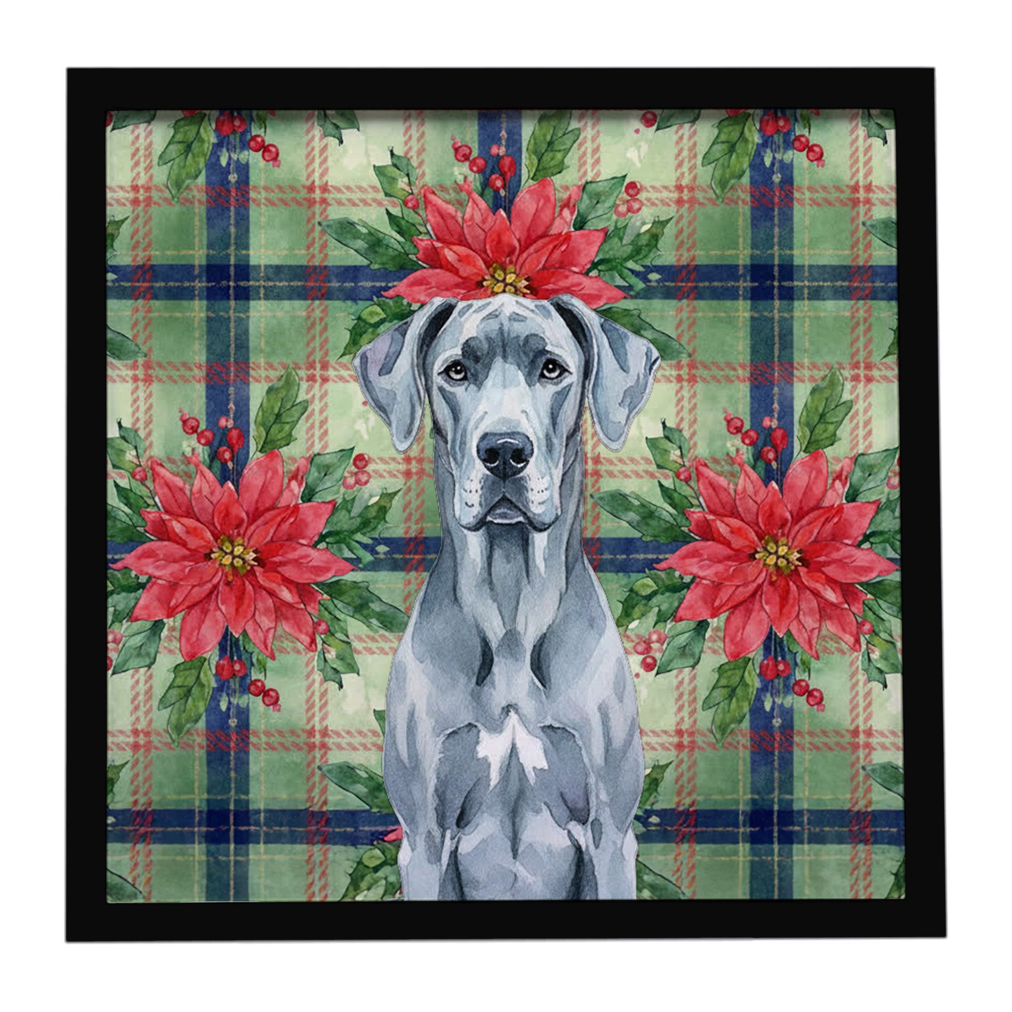 Blue Great Dane Christmas PoinsettIas Framed Metal Print Bathroom, Kitchen, Office, Home Decor Wall Art Ready to Hang, Square, 8X8