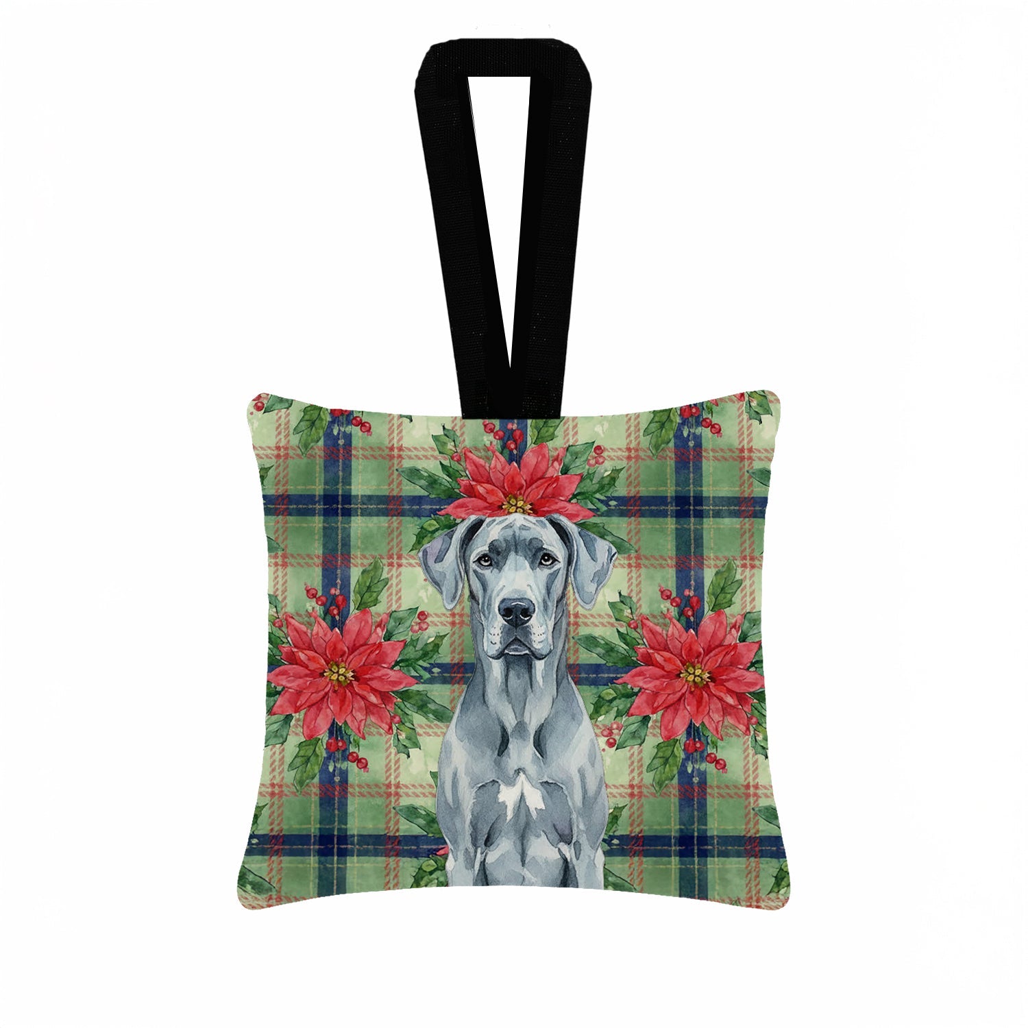 Blue Great Dane Christmas PoinsettIas Hanging Square Fabric Ornament 3.5 � 3.5 Decorative Door-Knob & Tree Hanger, Soft Fabric