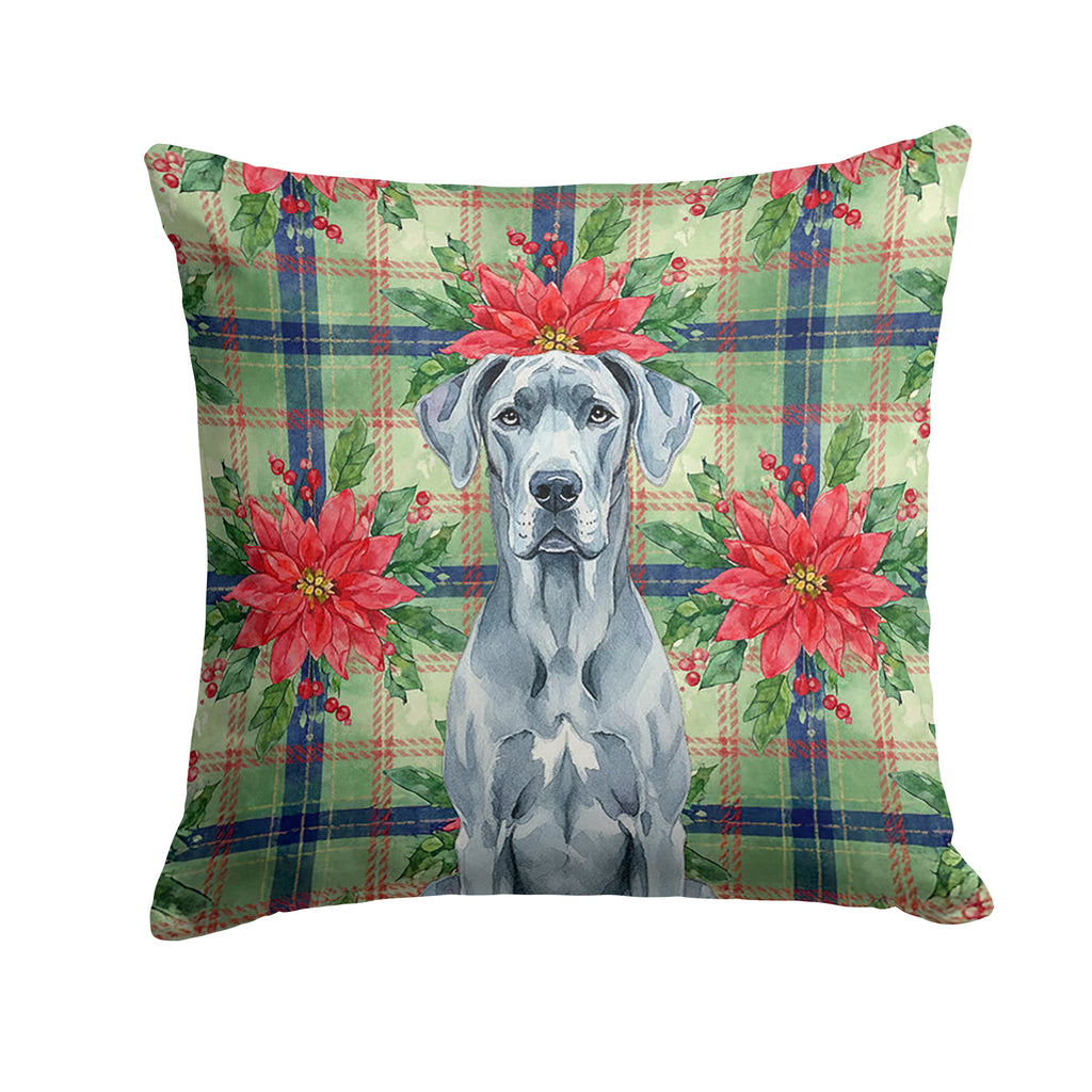 Blue Great Dane Christmas PoinsettIas Decorative Throw Pillow 18x18 Indoor Outdoor Accent Cushion, Fabric Cover with Insert for Sofa, Bed, Porch & Living Room