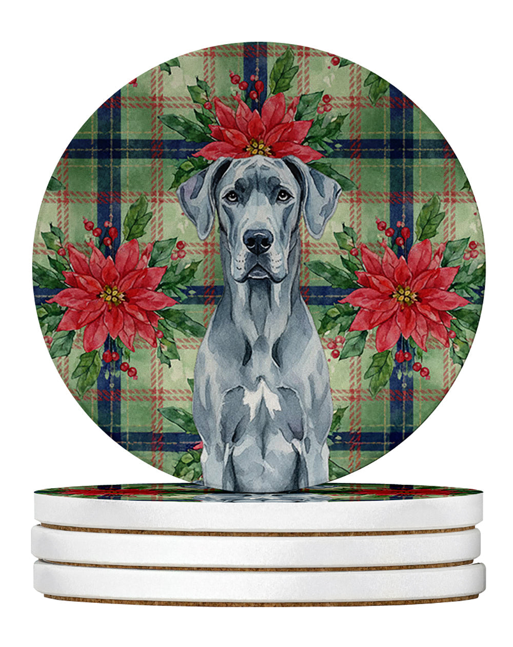 Blue Great Dane Christmas PoinsettIas Large Sandstone Coasters Pack of 4 Absorbent Round Coasters Decor Gifts for Men or Women, 4 in, Multicolor