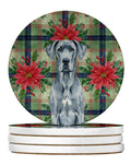 Blue Great Dane Christmas PoinsettIas Large Sandstone Coasters Pack of 4 Absorbent Round Coasters Decor Gifts for Men or Women, 4 in, Multicolor