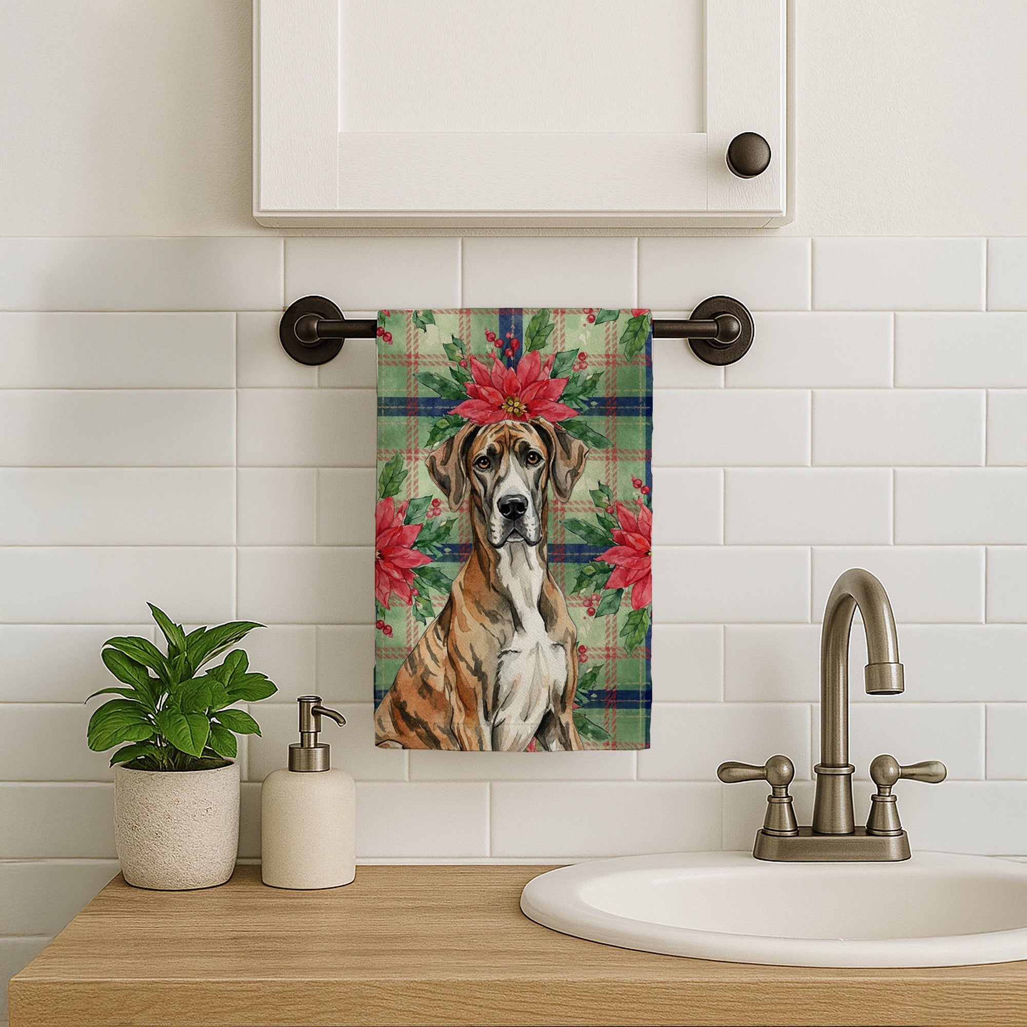 Brindle Great Dane Christmas PoinsettIas Kitchen Towel Velour Plush Front and Cotton Loop Back Machine Washable