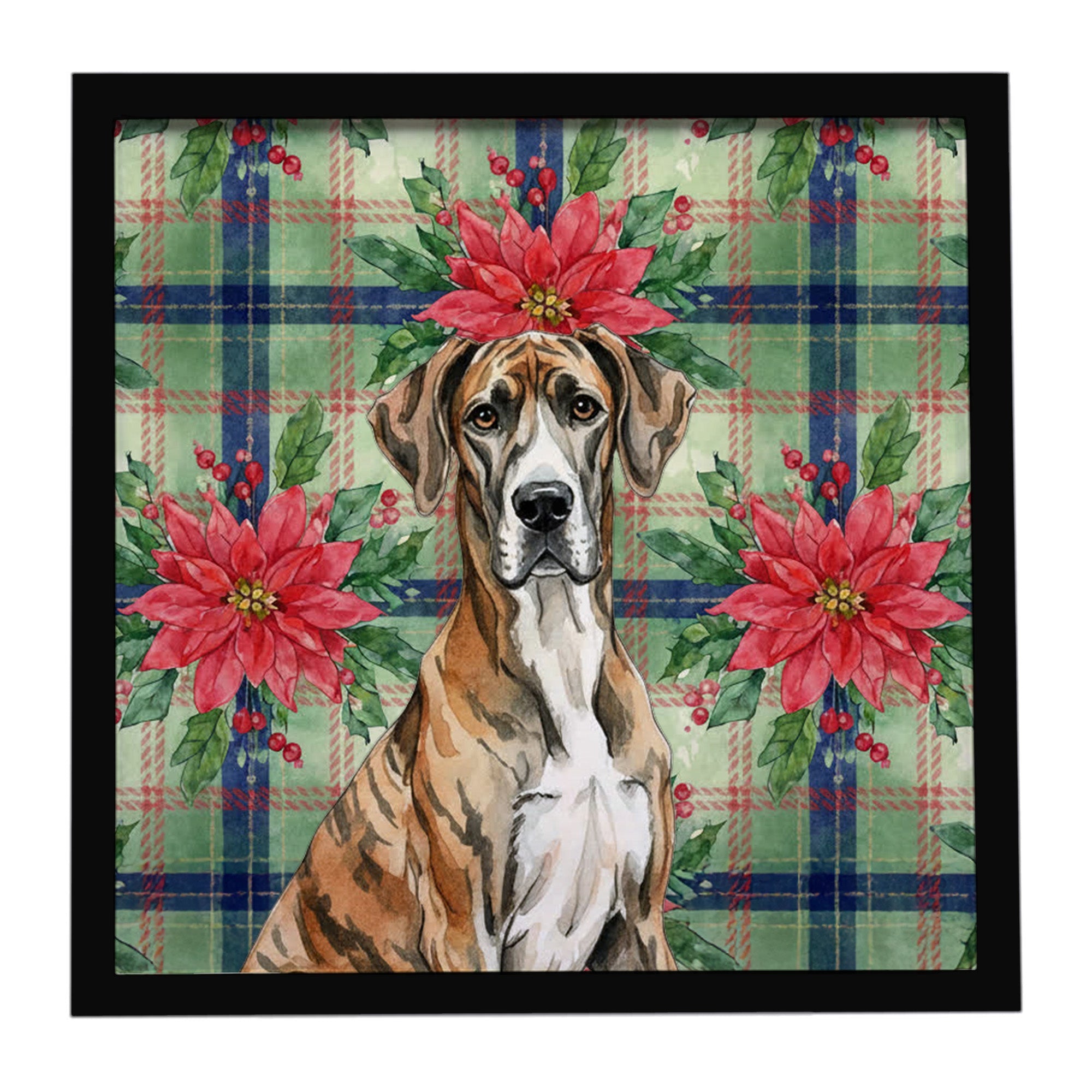 Brindle Great Dane Christmas PoinsettIas Framed Metal Print Bathroom, Kitchen, Office, Home Decor Wall Art Ready to Hang, Square, 8X8