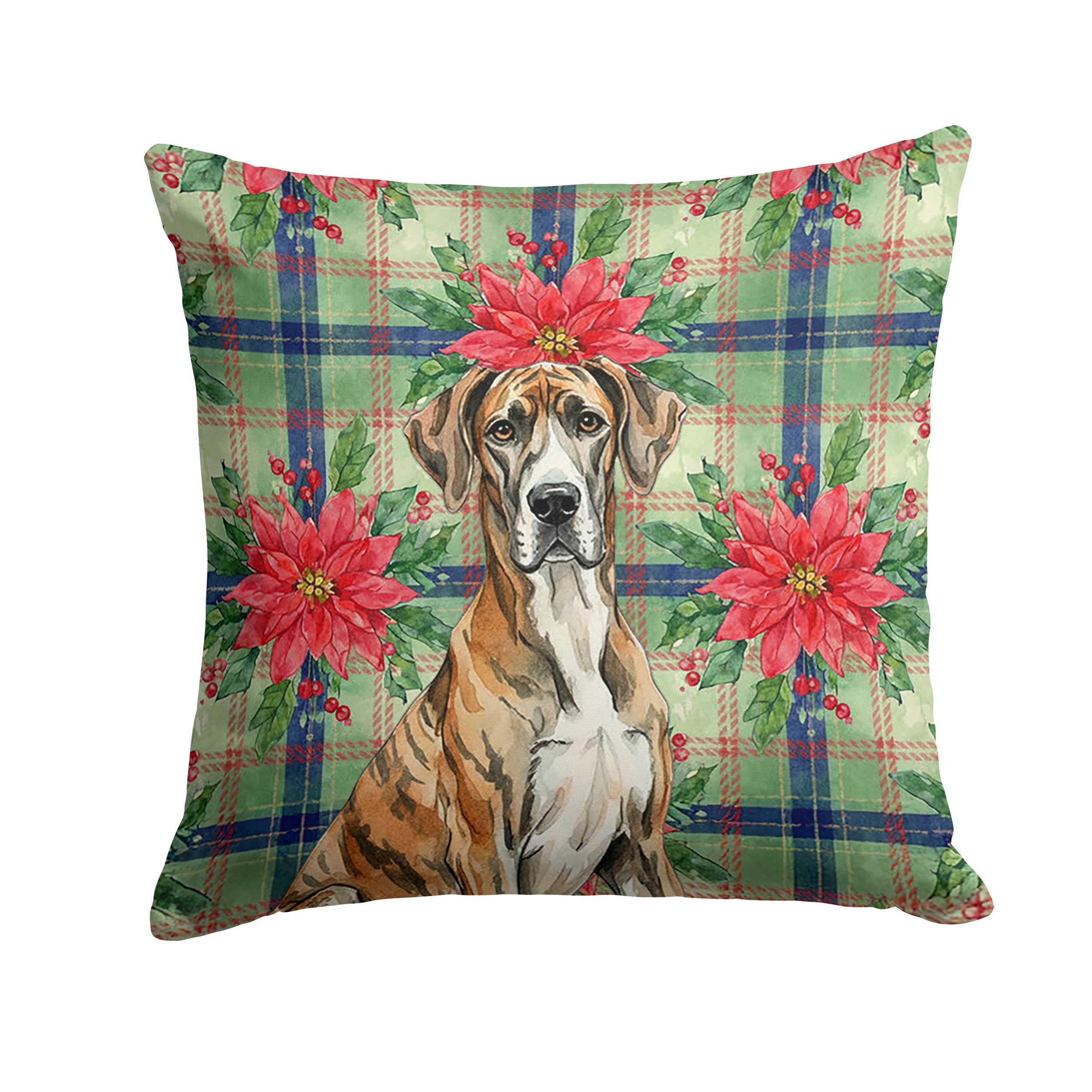 Brindle Great Dane Christmas PoinsettIas Decorative Throw Pillow 14x14 Indoor Outdoor Accent Cushion, Fabric Cover with Insert for Sofa, Bed, Porch & Living Room