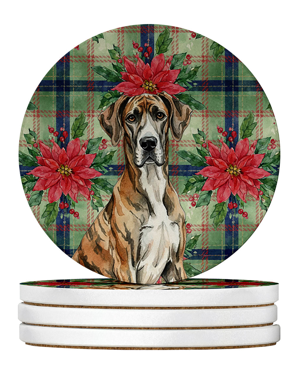 Brindle Great Dane Christmas PoinsettIas Large Sandstone Coasters Pack of 4 Absorbent Round Coasters Decor Gifts for Men or Women, 4 in, Multicolor