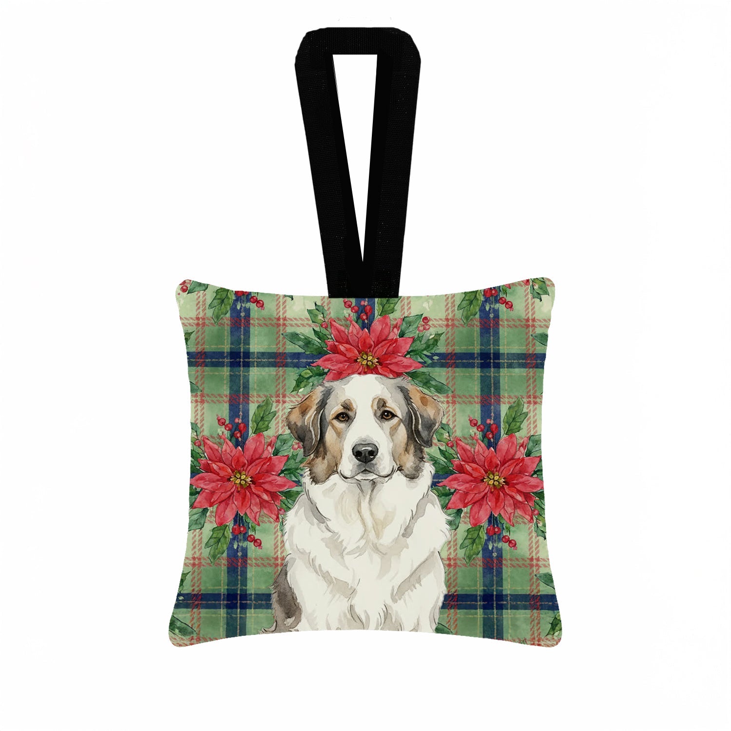 Badger Great Pyrenees Christmas PoinsettIas Hanging Square Fabric Ornament 3.5 � 3.5 Decorative Door-Knob & Tree Hanger, Soft Fabric