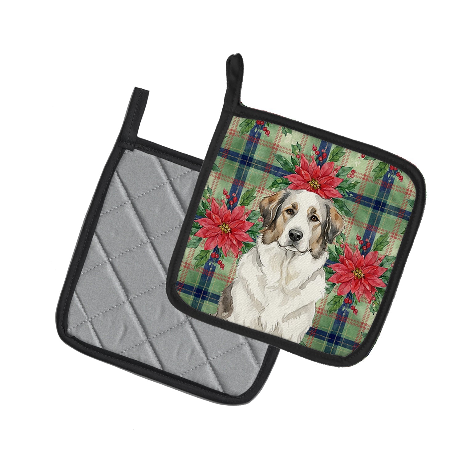 Badger Great Pyrenees Christmas PoinsettIas Pot Holder Set of 2 Heat Resistant Quilted Hot Pads 7.5 x 7.5 Inch, Insulated Kitchen Trivets for Cooking & Baking