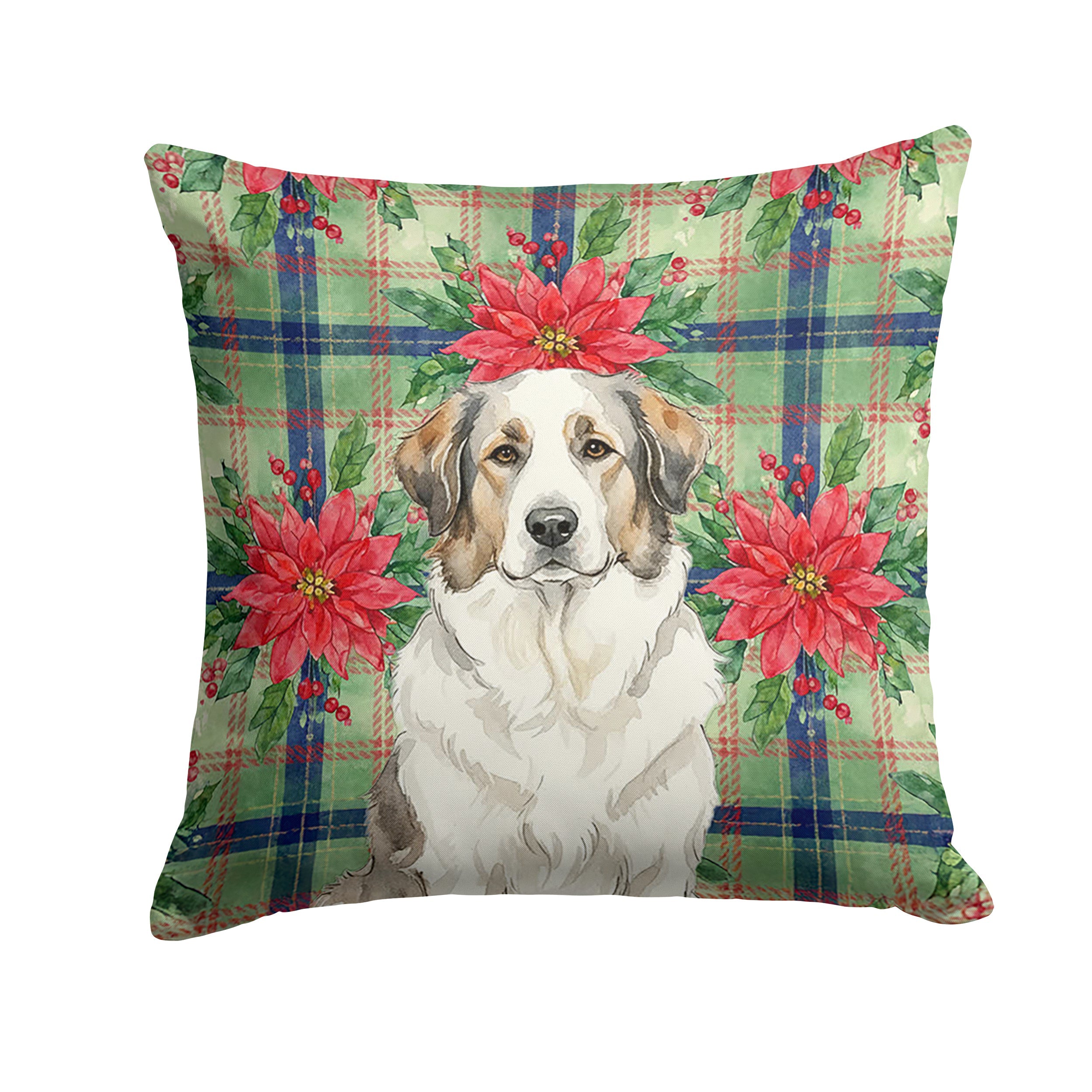 Badger Great Pyrenees Christmas PoinsettIas Decorative Throw Pillow 14x14 Indoor Outdoor Accent Cushion, Fabric Cover with Insert for Sofa, Bed, Porch & Living Room