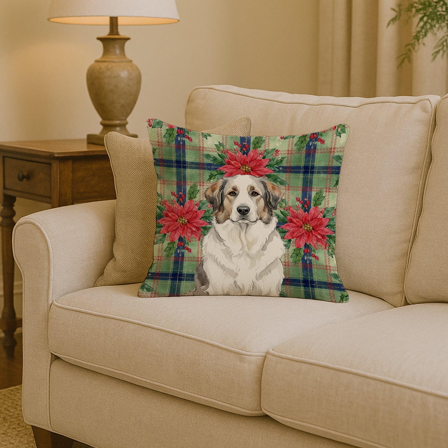 Badger Great Pyrenees Christmas PoinsettIas Decorative Throw Pillow 14x14 Indoor Outdoor Accent Cushion, Fabric Cover with Insert for Sofa, Bed, Porch & Living Room