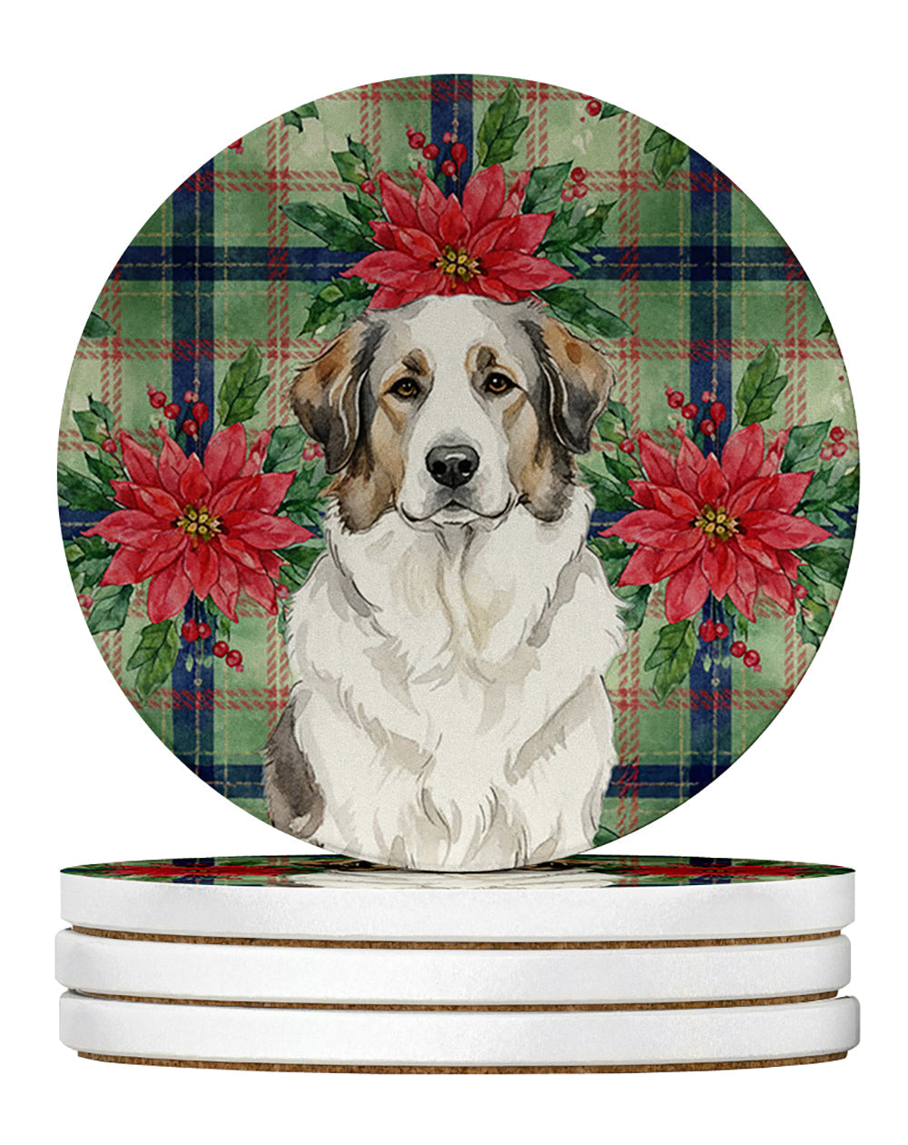 Badger Great Pyrenees Christmas PoinsettIas Large Sandstone Coasters Pack of 4 Absorbent Round Coasters Decor Gifts for Men or Women, 4 in, Multicolor