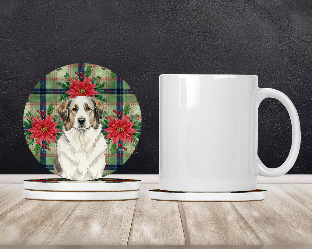 Badger Great Pyrenees Christmas PoinsettIas Large Sandstone Coasters Pack of 4 Absorbent Round Coasters Decor Gifts for Men or Women, 4 in, Multicolor