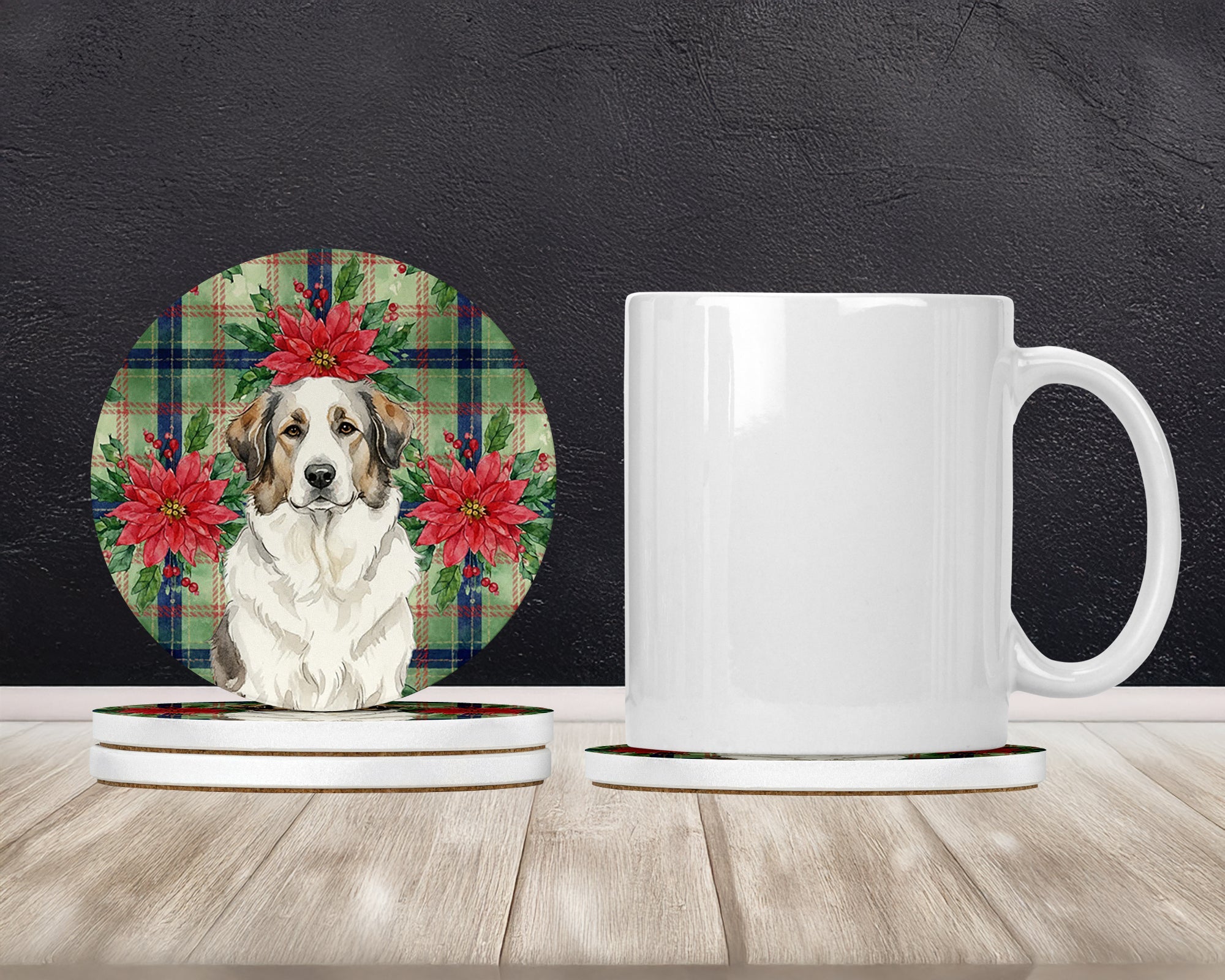 Badger Great Pyrenees Christmas PoinsettIas Large Sandstone Coasters Pack of 4 Absorbent Round Coasters Decor Gifts for Men or Women, 4 in, Multicolor