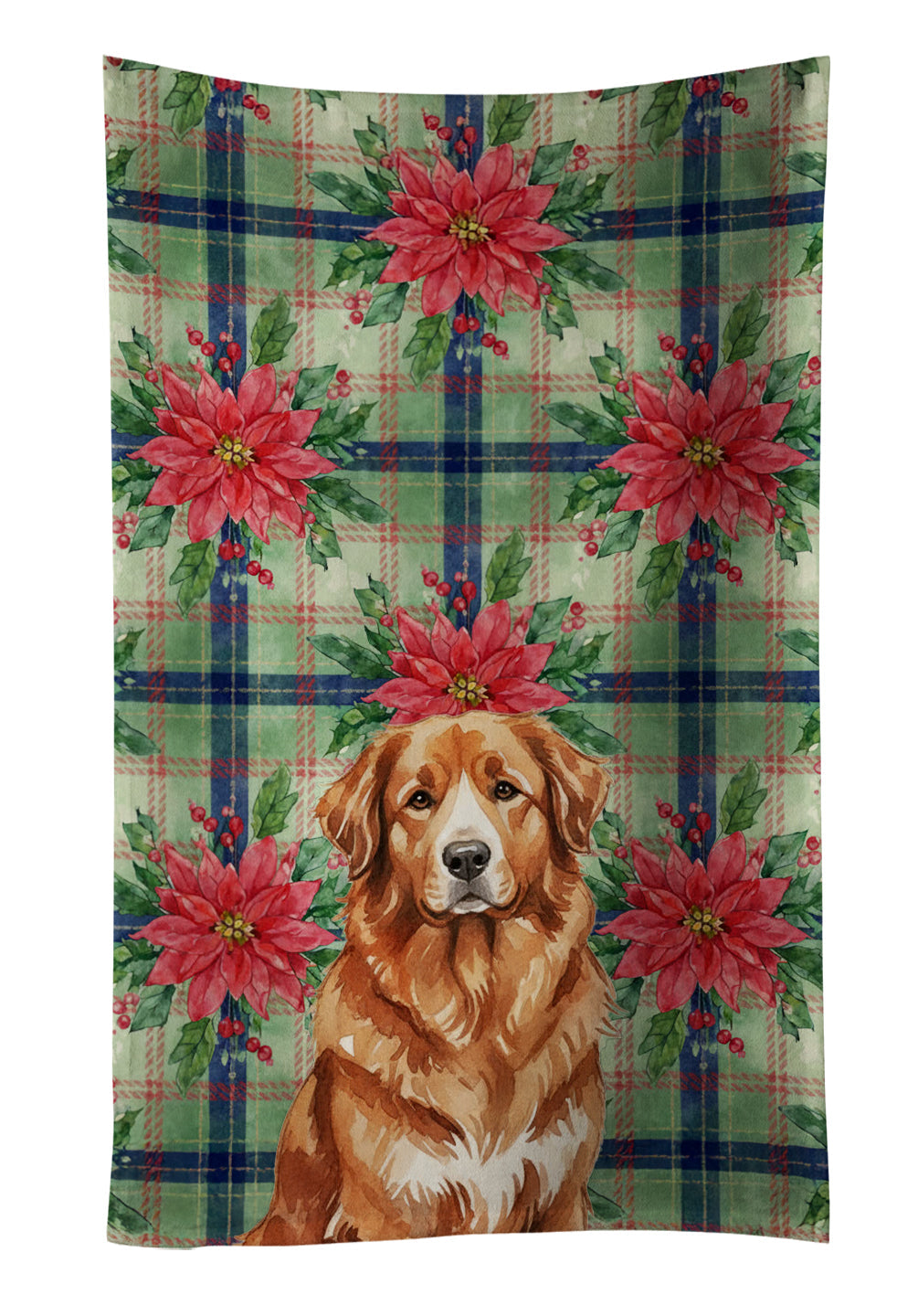 Reddish Brown Great Pyrenees Christmas PoinsettIas Kitchen Towel Velour Plush Front and Cotton Loop Back Machine Washable