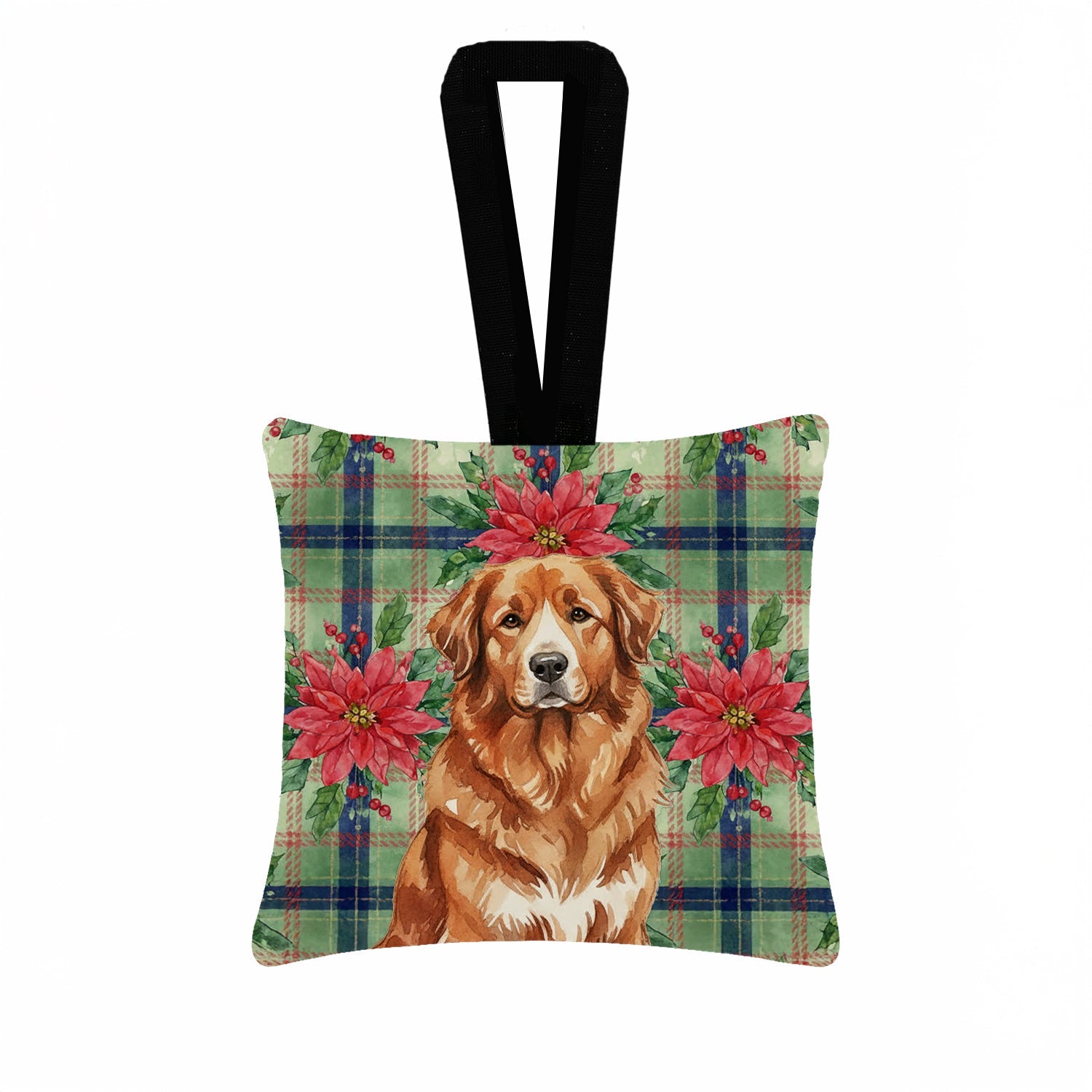 Reddish Brown Great Pyrenees Christmas PoinsettIas Hanging Square Fabric Ornament 3.5 � 3.5 Decorative Door-Knob & Tree Hanger, Soft Fabric