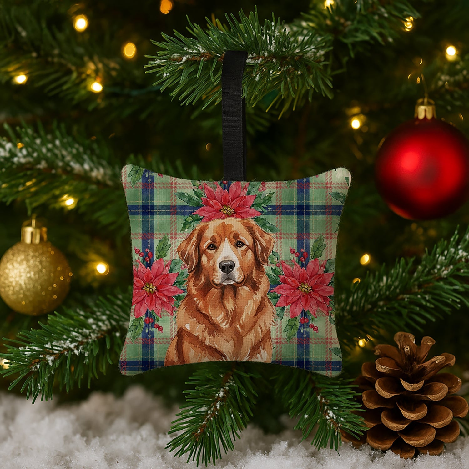Reddish Brown Great Pyrenees Christmas PoinsettIas Hanging Square Fabric Ornament 3.5 � 3.5 Decorative Door-Knob & Tree Hanger, Soft Fabric