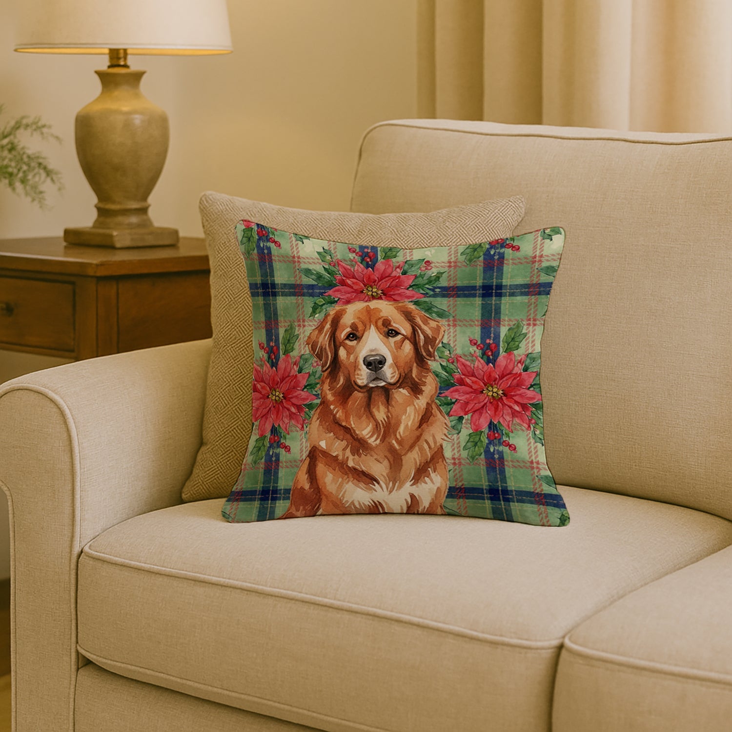 Reddish Brown Great Pyrenees Christmas PoinsettIas Decorative Throw Pillow 18x18 Indoor Outdoor Accent Cushion, Fabric Cover with Insert for Sofa, Bed, Porch & Living Room