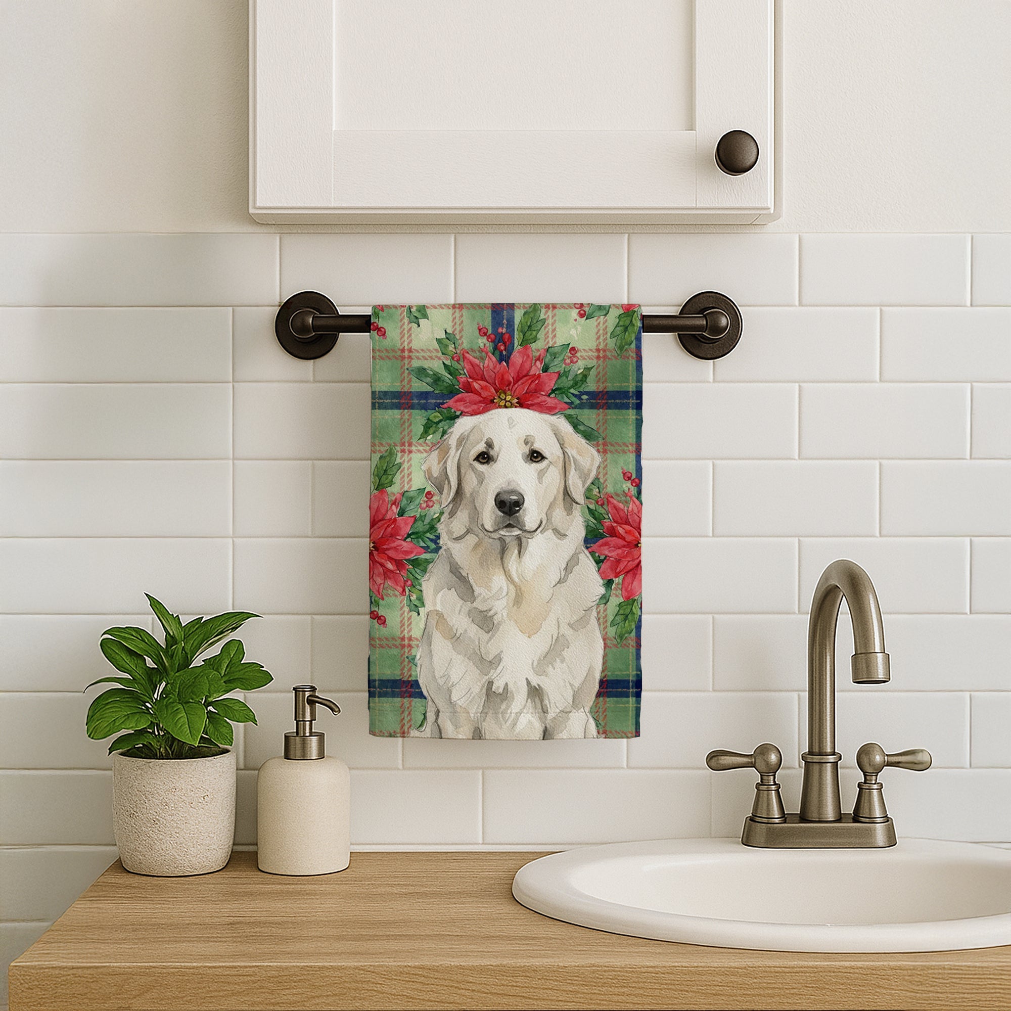 White Great Pyrenees Christmas PoinsettIas Kitchen Towel Velour Plush Front and Cotton Loop Back Machine Washable