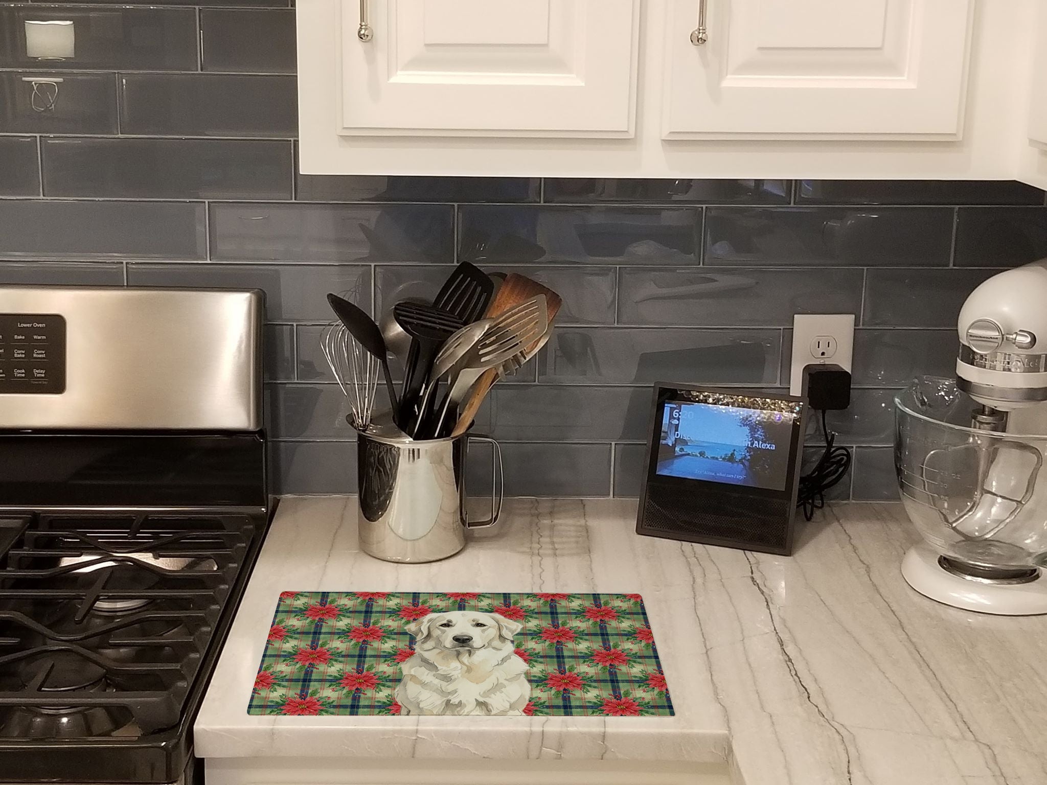 White Great Pyrenees Christmas PoinsettIas Cutting Board Tempered Glass Kitchen Cutting Surface, Heat Resistant Chopping, Non-Slip Feet, Food Prep & Serving